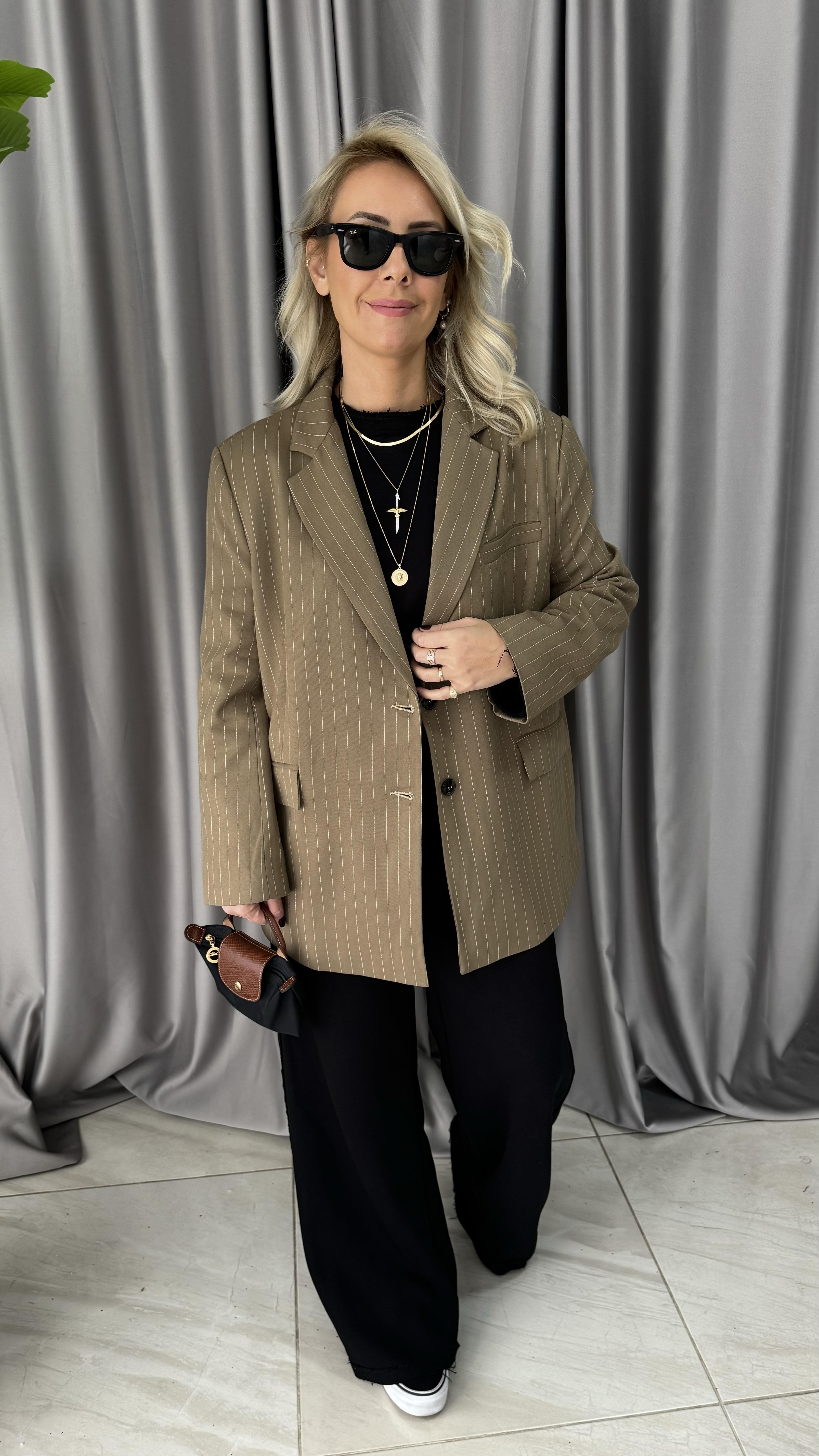 Premium Seri Kendinden Çizgili Bal Rengi Blazer Ceket