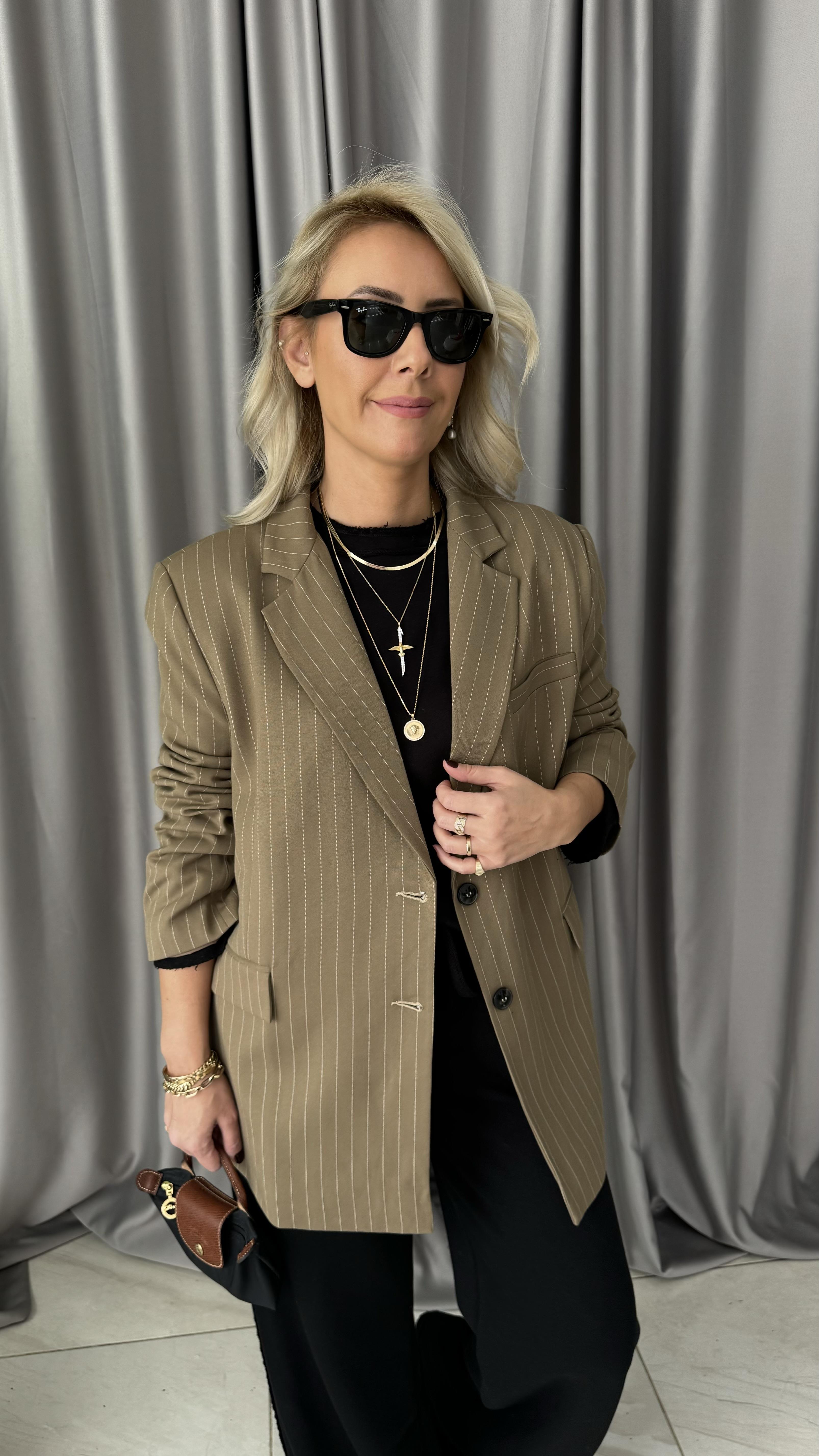 Premium Seri Kendinden Çizgili Bal Rengi Blazer Ceket