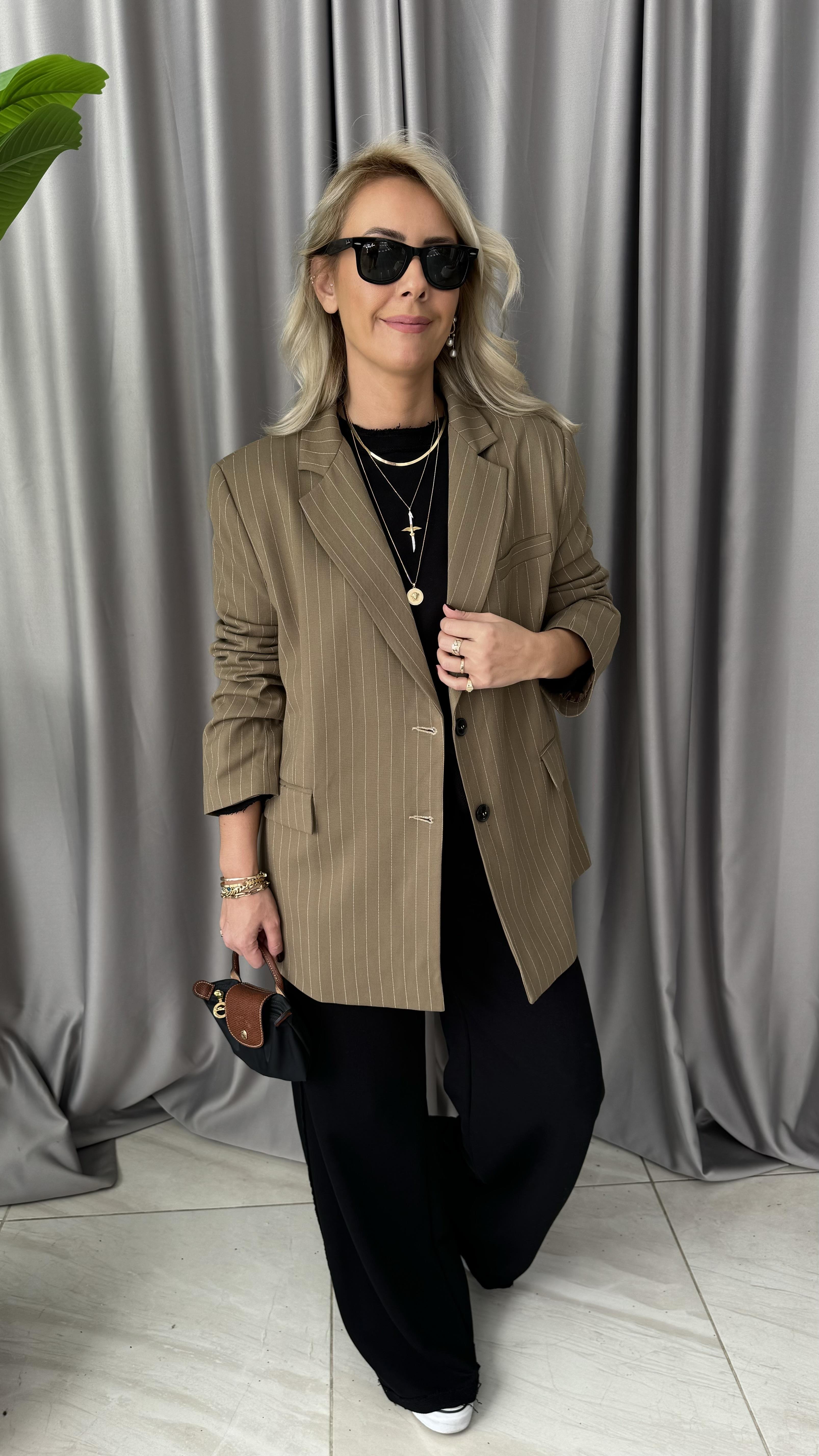 Premium Seri Kendinden Çizgili Bal Rengi Blazer Ceket