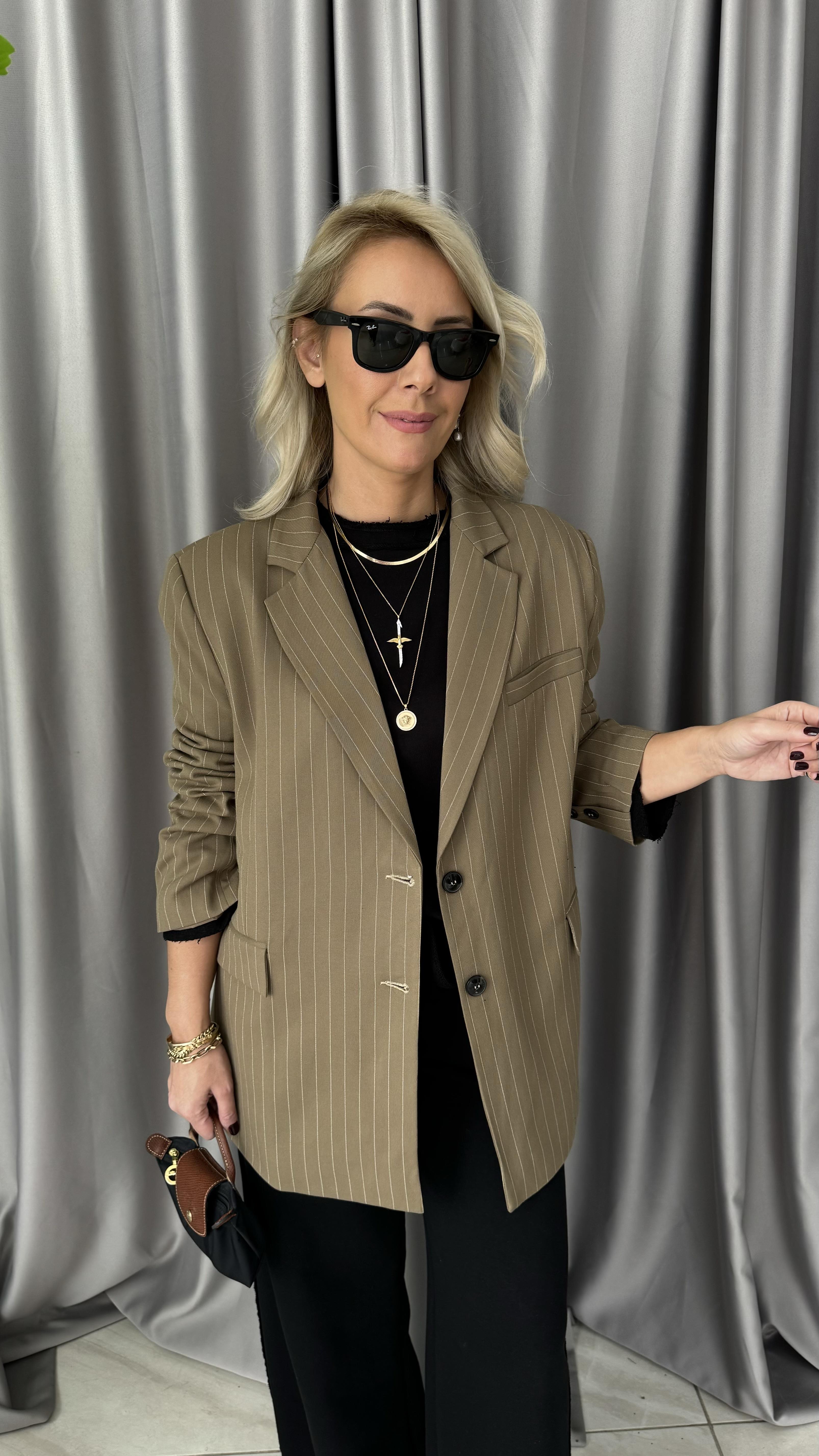Premium Seri Kendinden Çizgili Bal Rengi Blazer Ceket