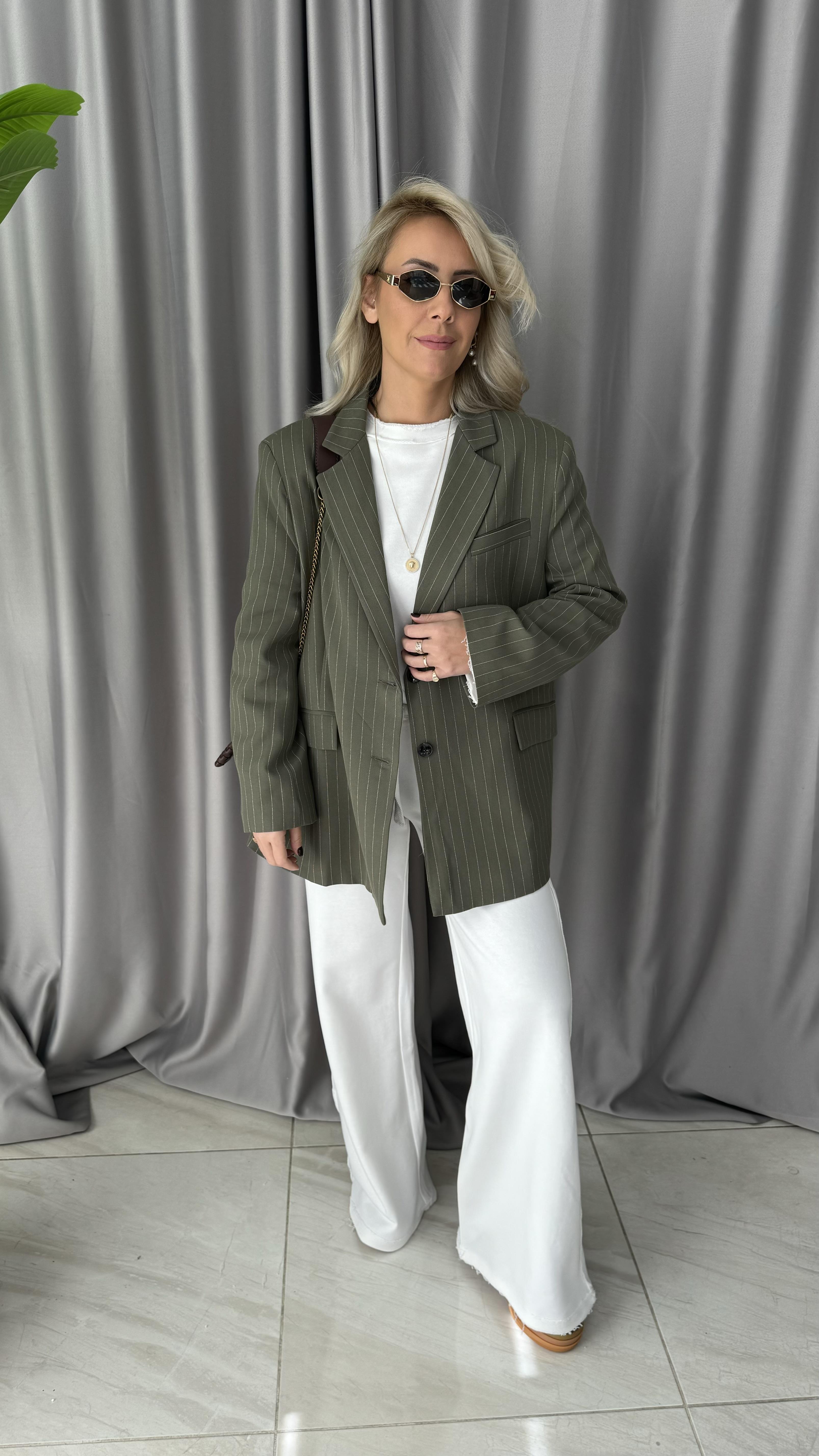 Premium Seri Kendinden Çizgili Haki Blazer Ceket