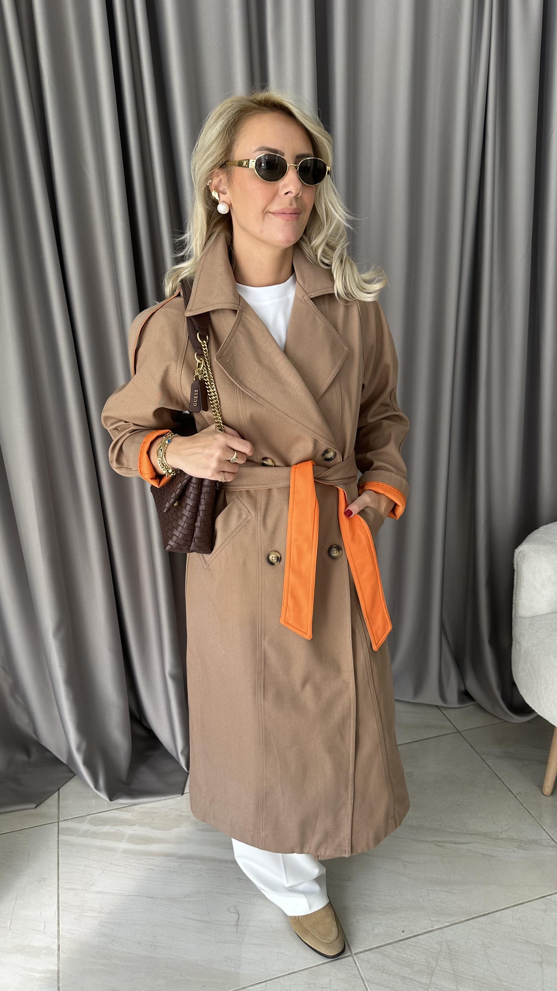 Premium Seri Turuncu Astarlı Camel Trençkot