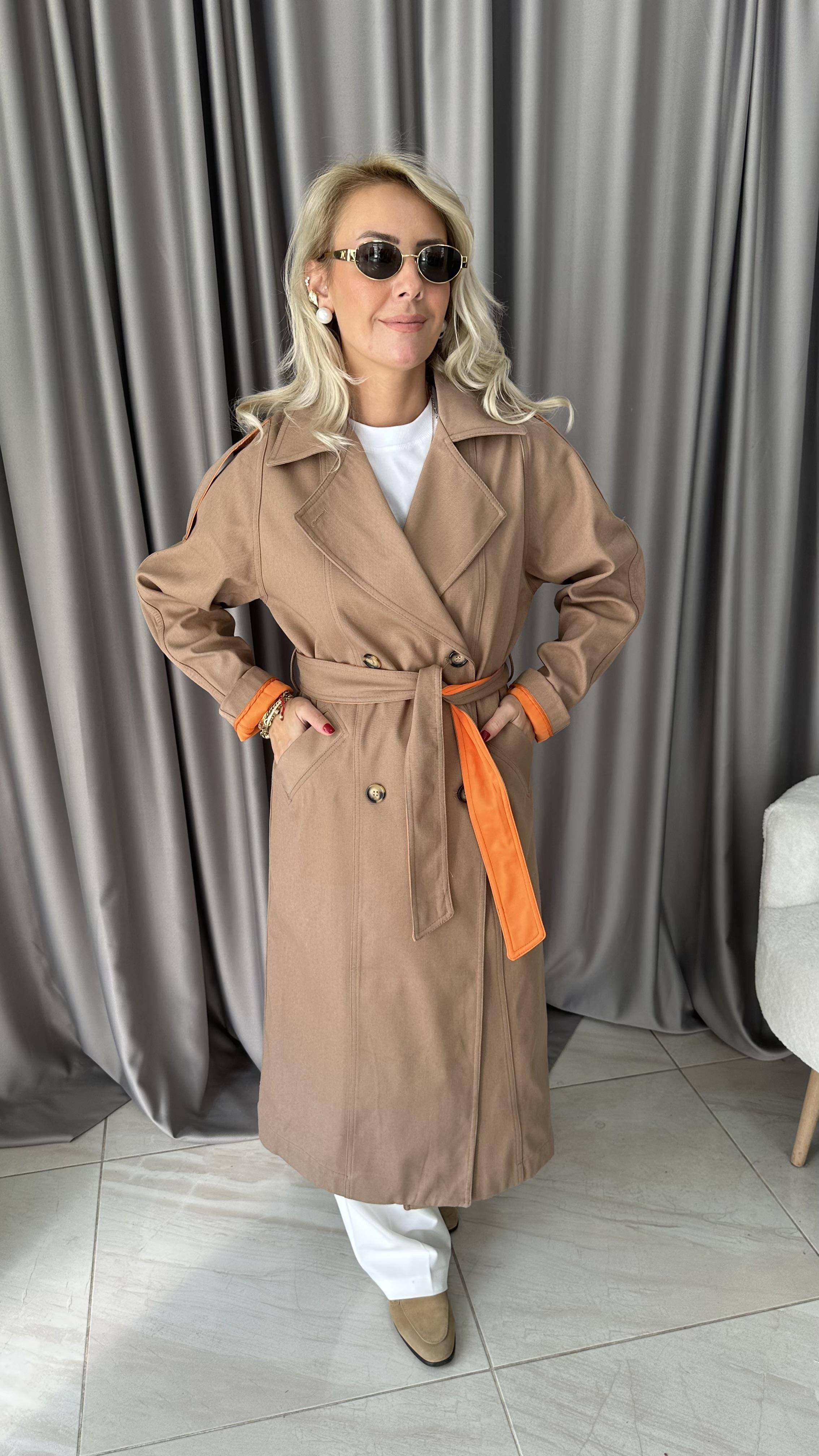 Premium Seri Turuncu Astarlı Camel Trençkot