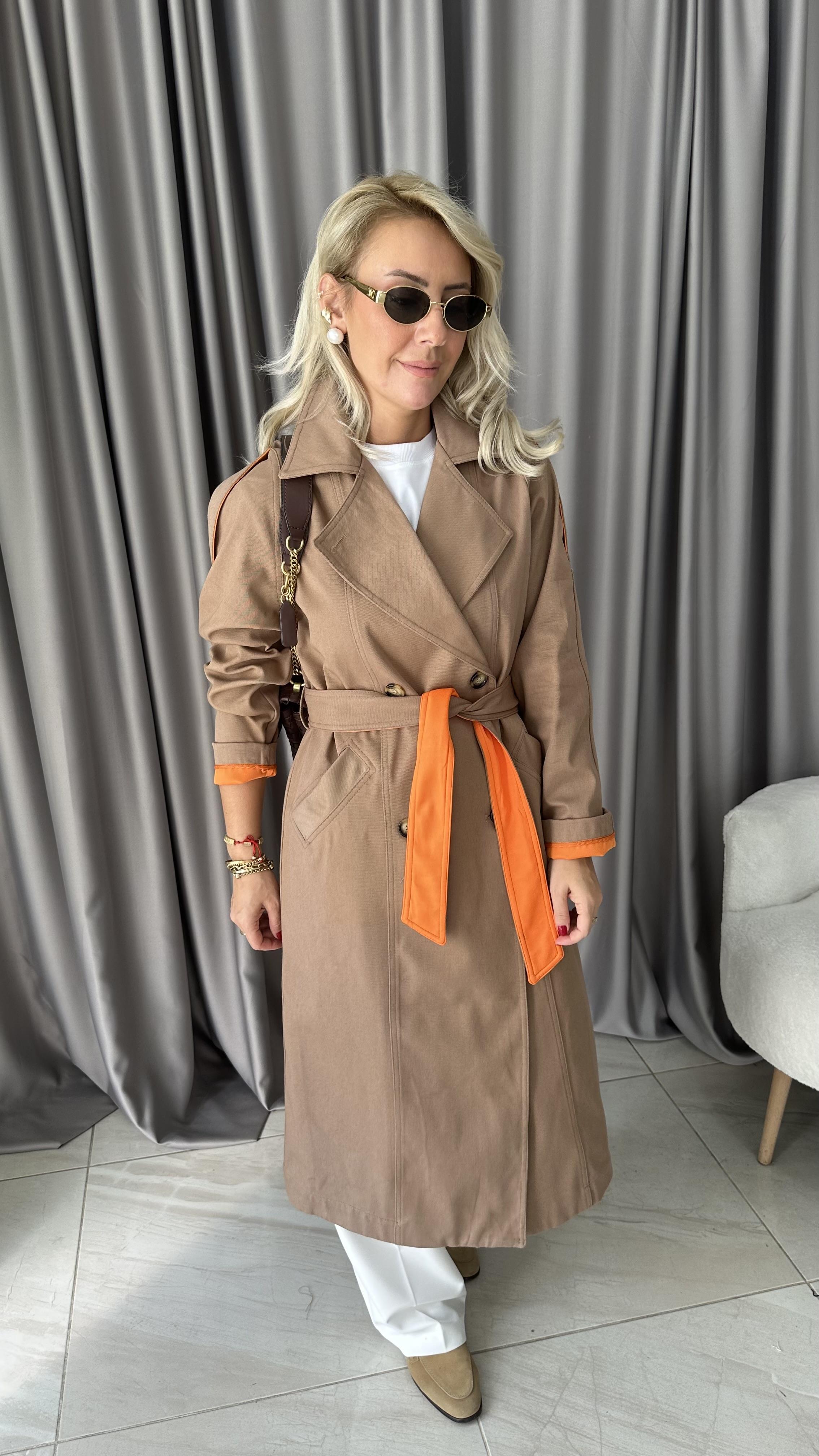 Premium Seri Turuncu Astarlı Camel Trençkot
