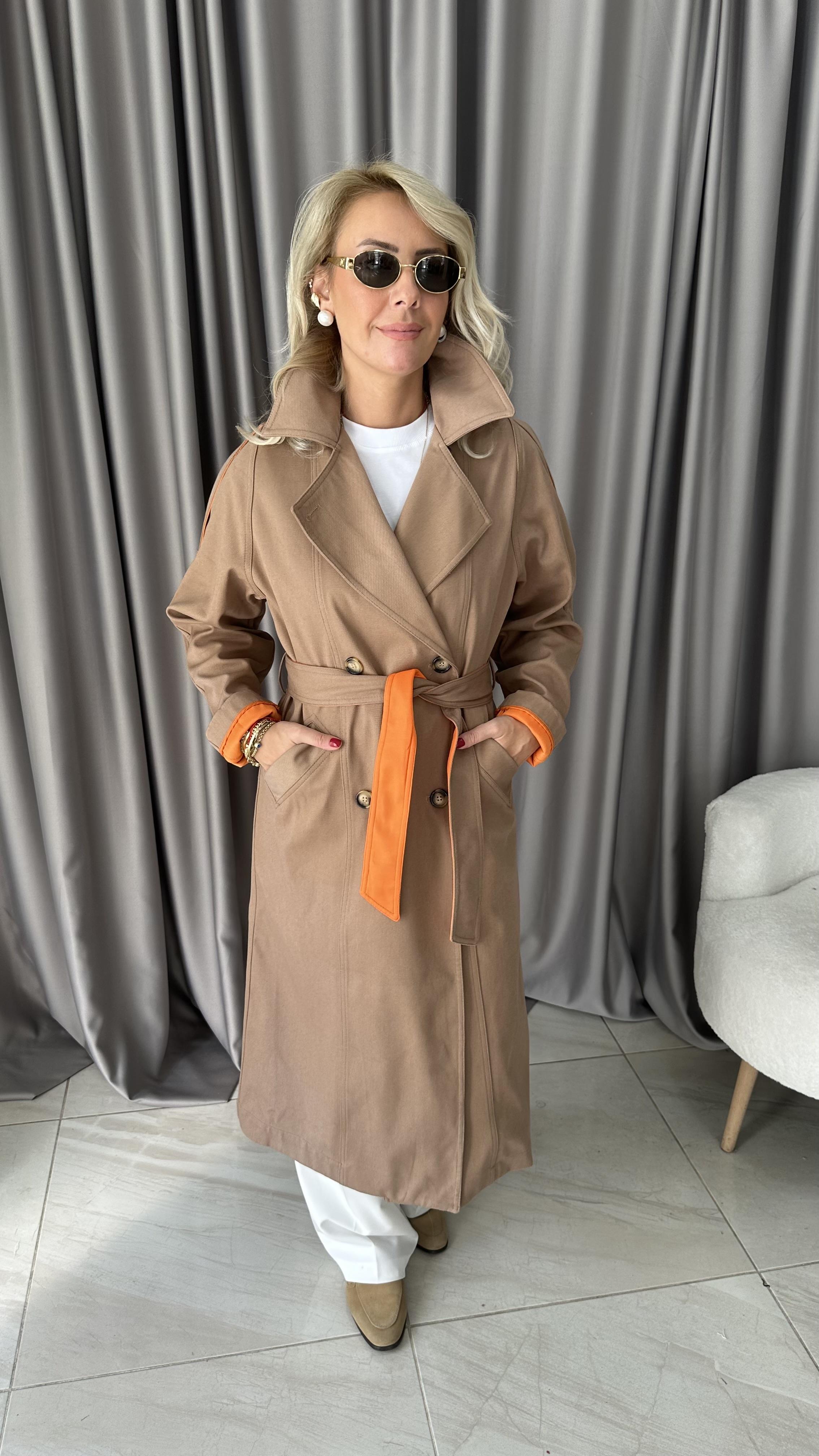 Premium Seri Turuncu Astarlı Camel Trençkot