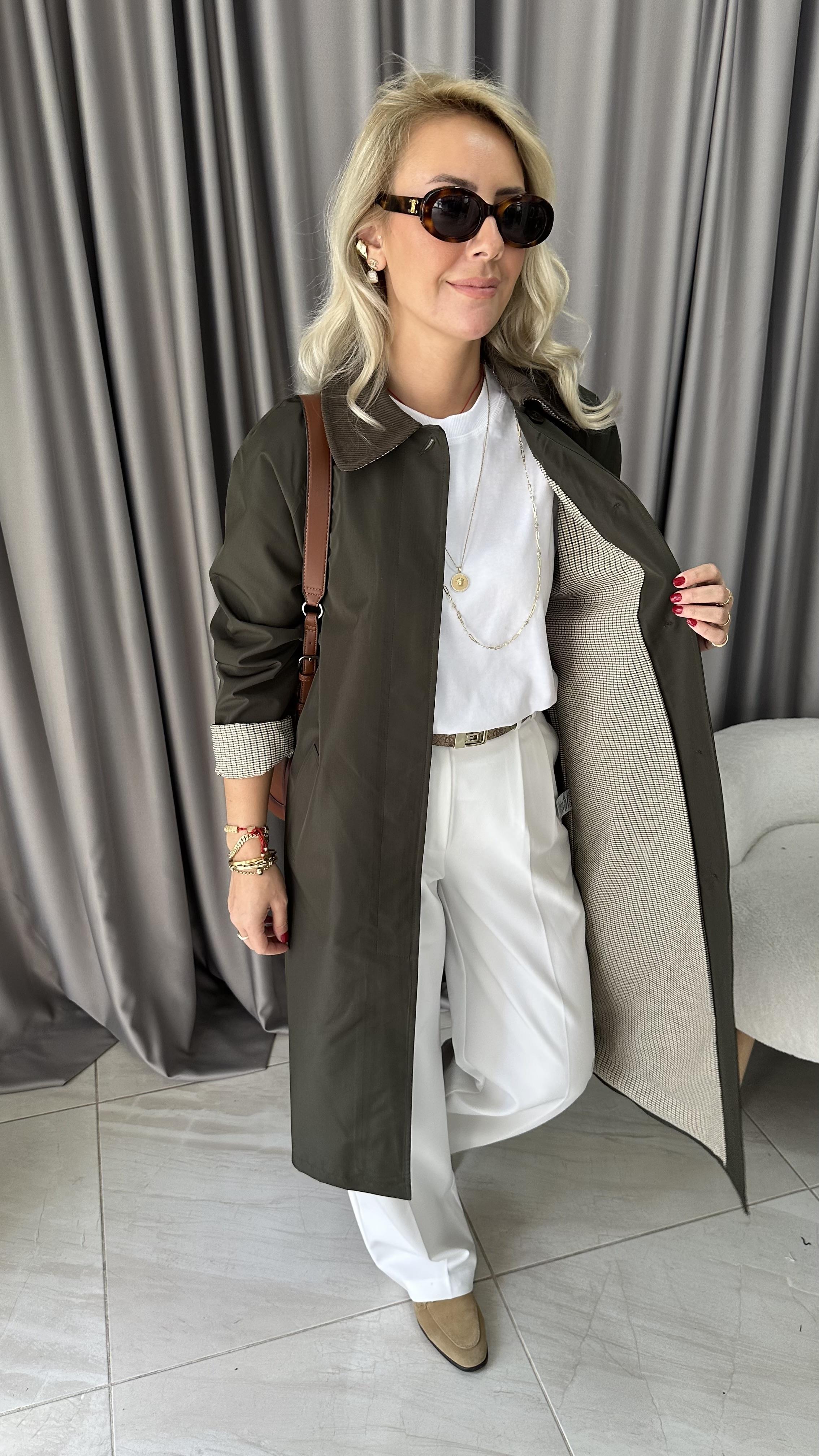 Premium Seri Yakası Kadife Detaylı Haki Trençkot