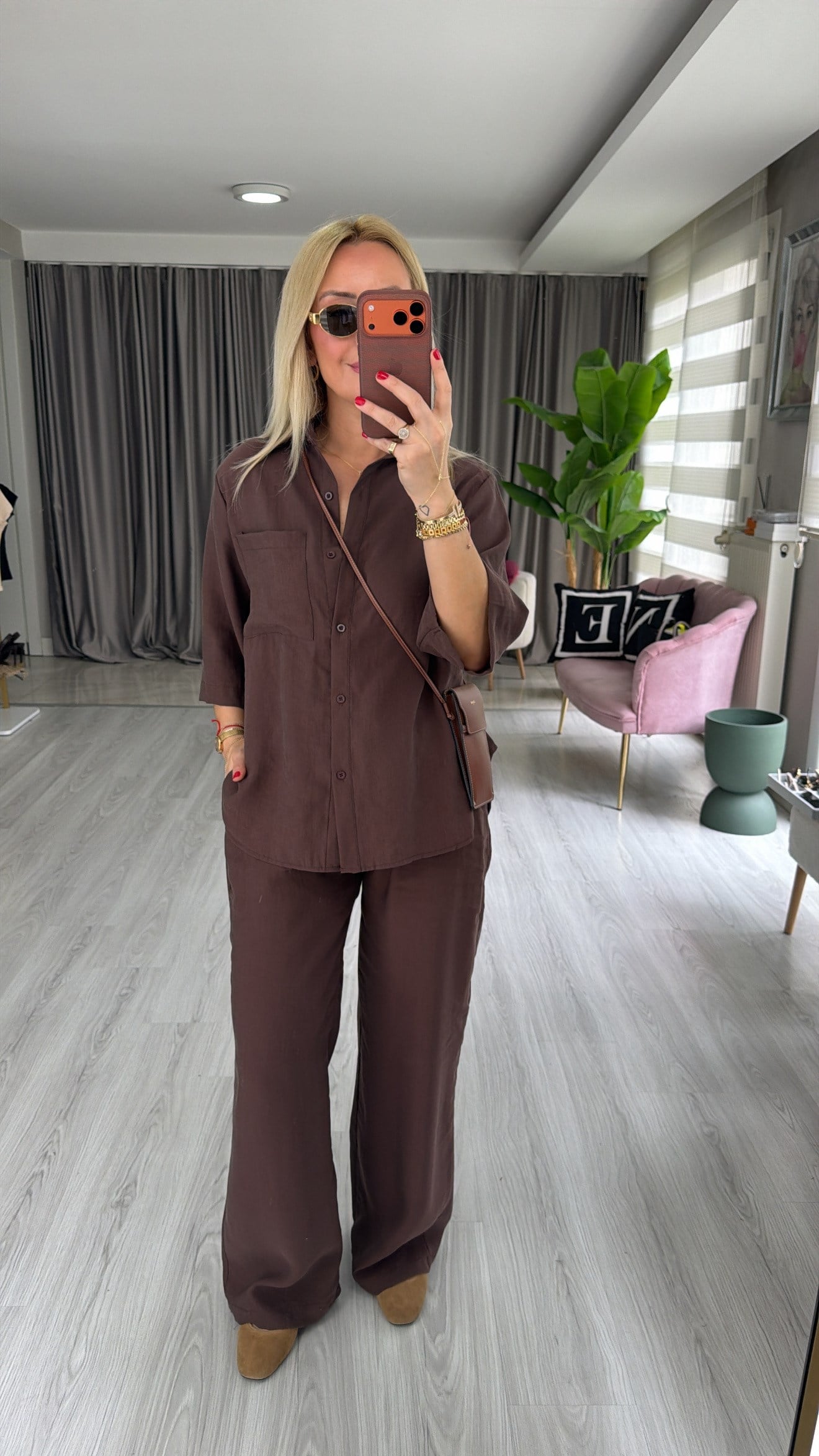 Premium Tuncel Gömlek Pantolon Kahverengi Takım