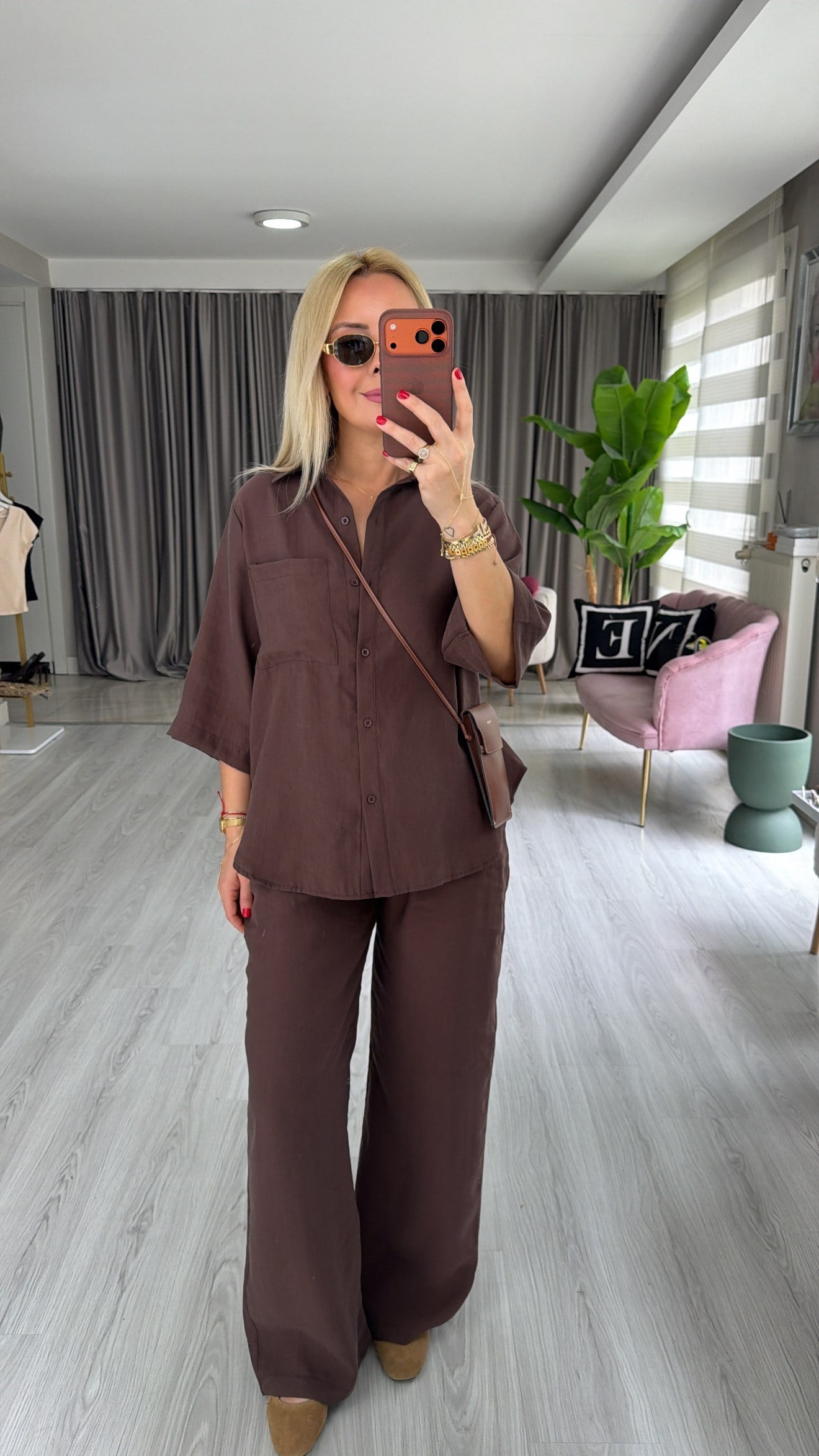 Premium Tuncel Gömlek Pantolon Kahverengi Takım