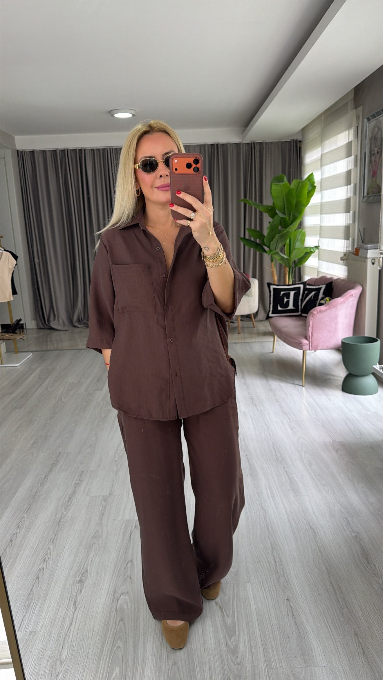 Premium Tuncel Gömlek Pantolon Kahverengi Takım