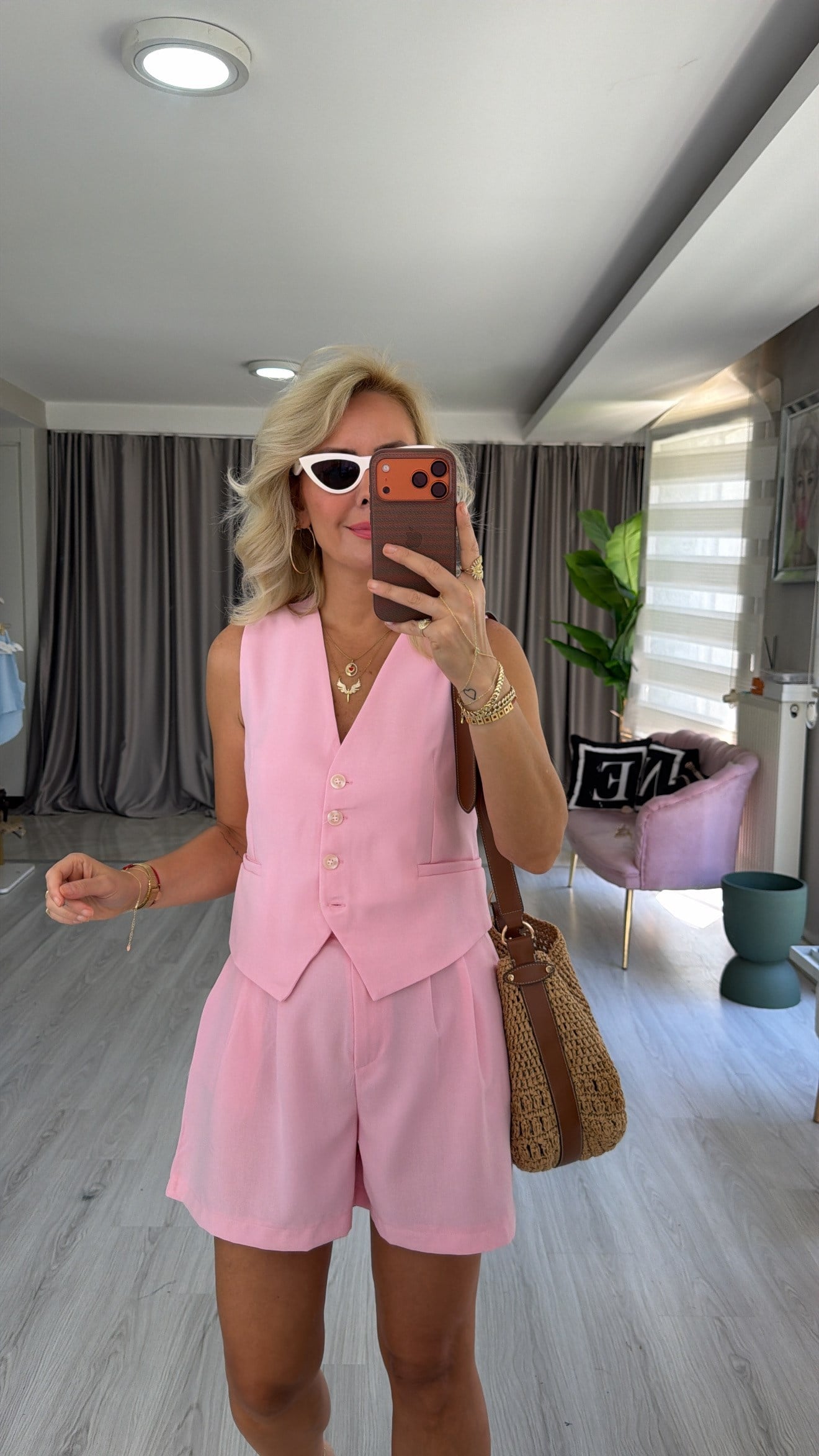 Premium Yelek Şort Pembe Takım