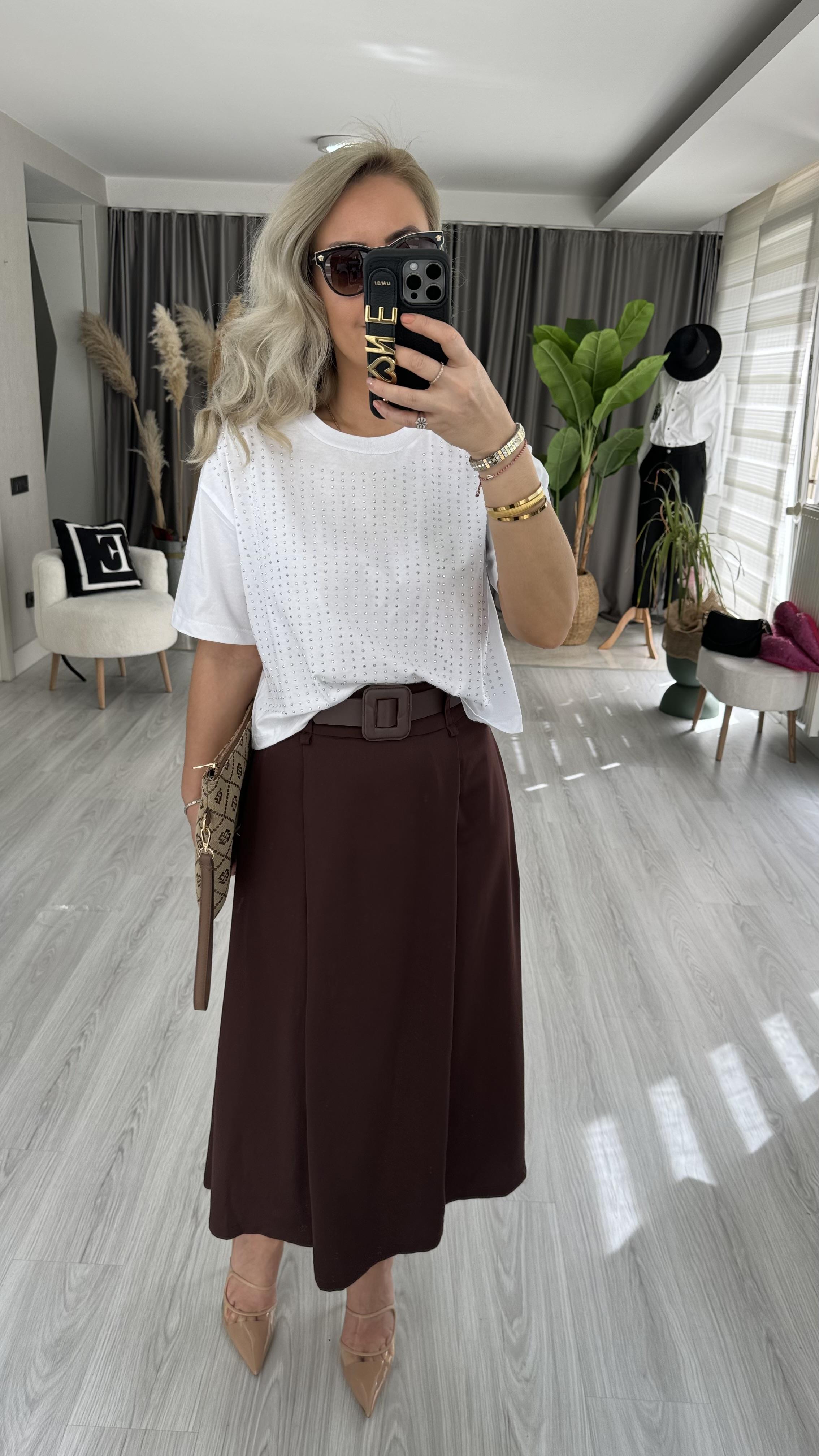 SATEN PİLELİ, KEMERLİ KAHVERENGİ KLOŞ ETEK
