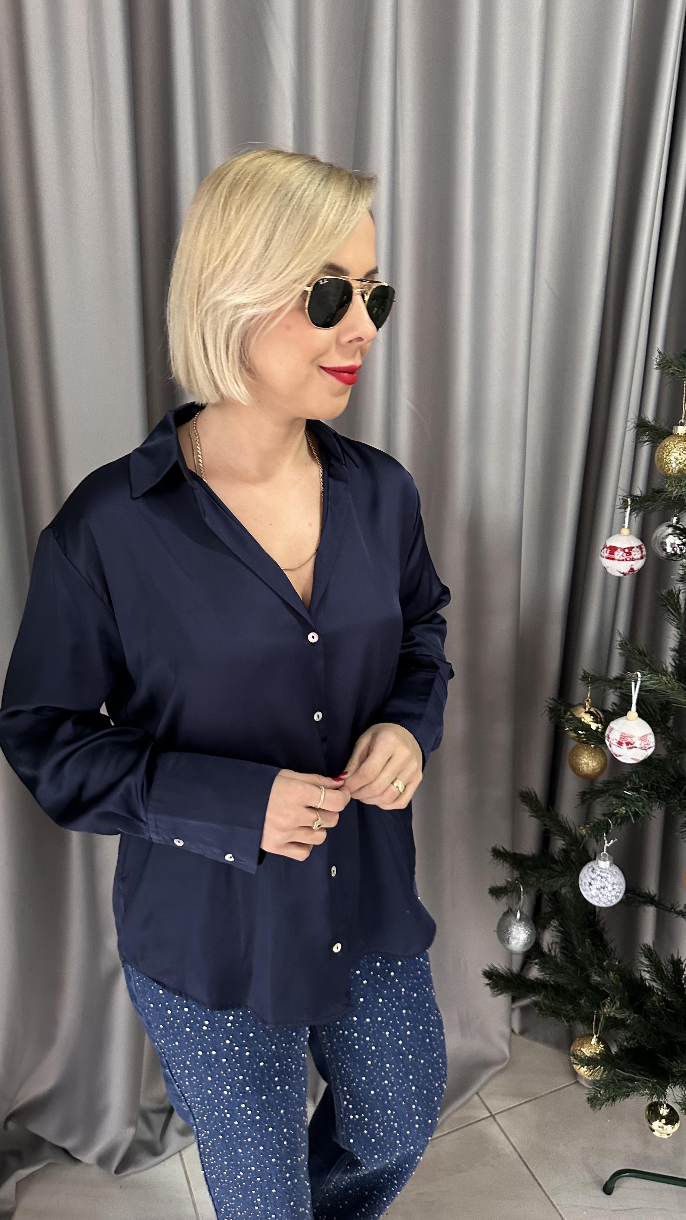 SEDEF DÜĞMELİ LACİVERT SATEN GÖMLEK