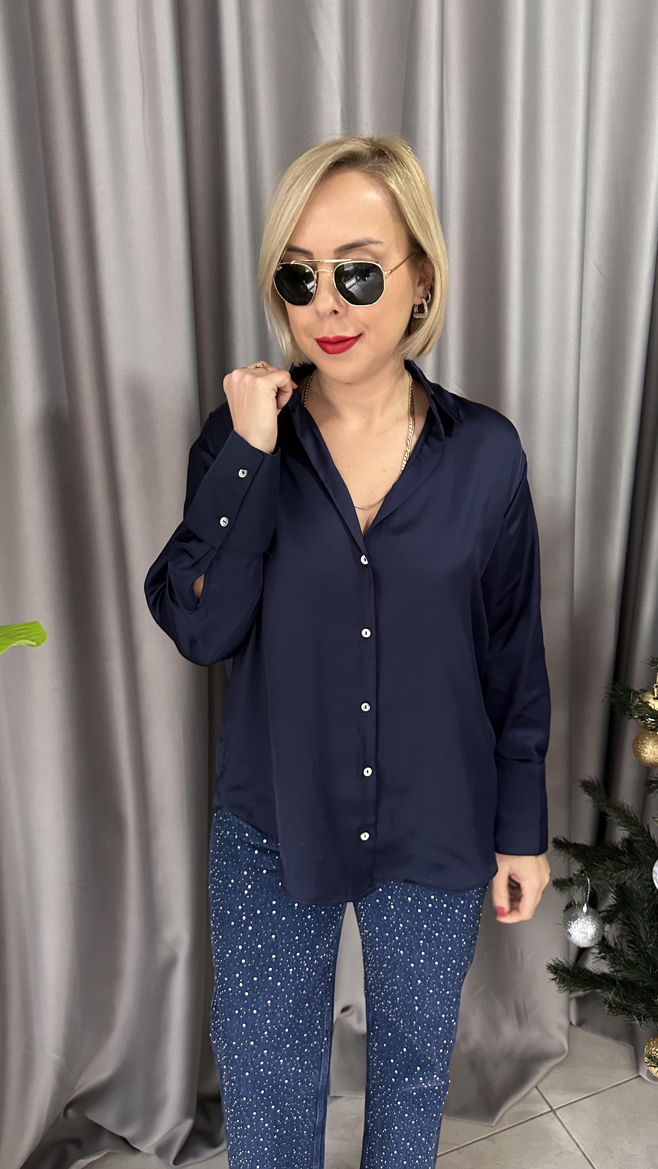 SEDEF DÜĞMELİ LACİVERT SATEN GÖMLEK