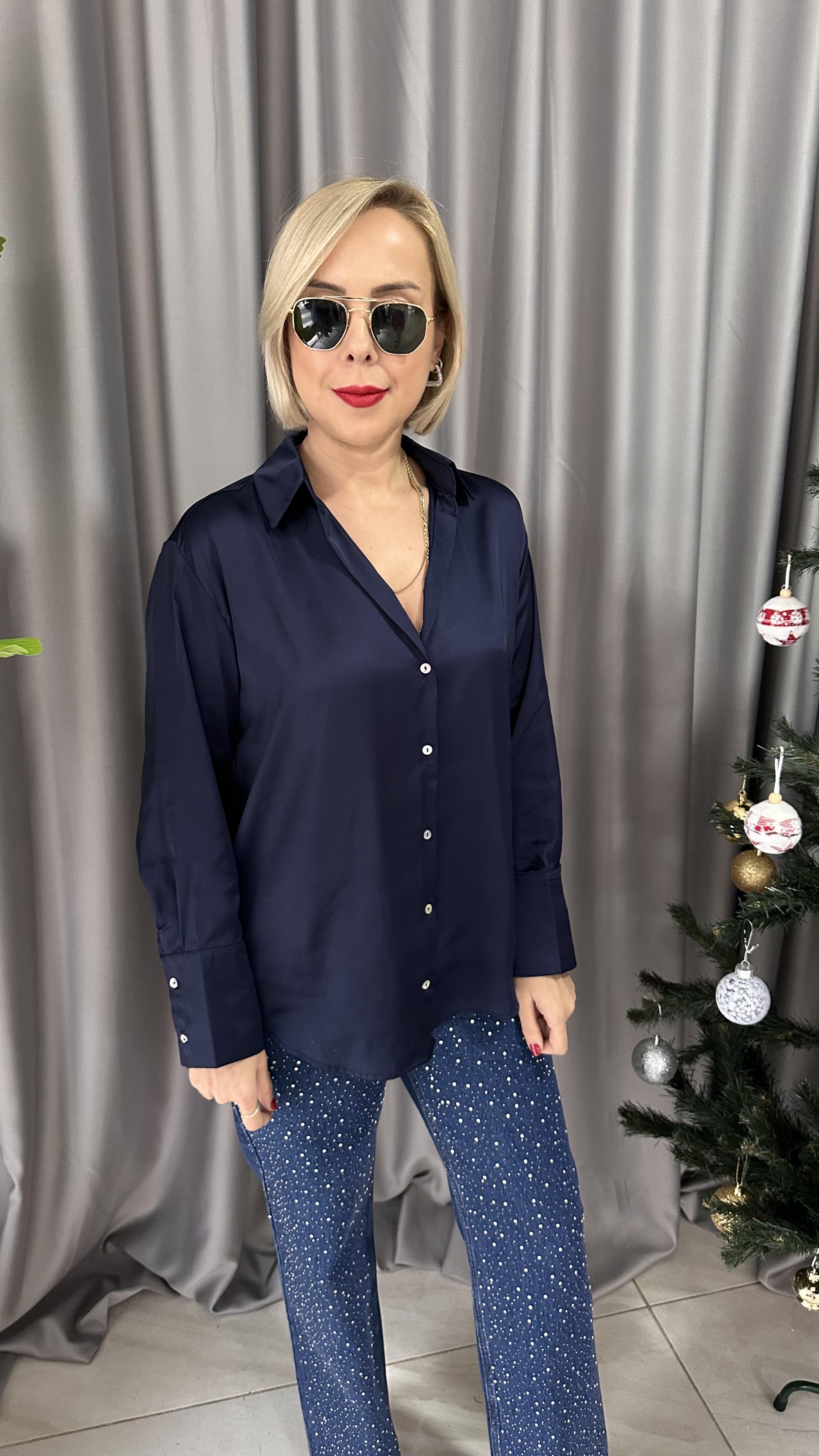 SEDEF DÜĞMELİ LACİVERT SATEN GÖMLEK