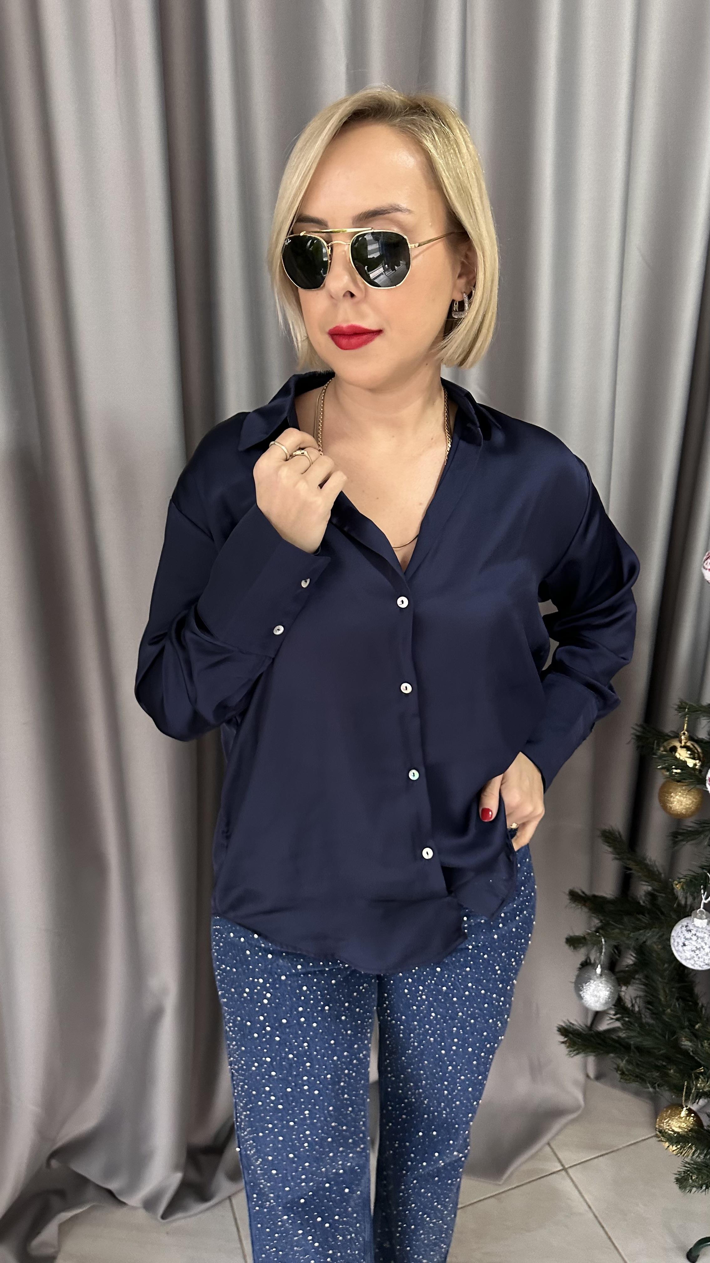 SEDEF DÜĞMELİ LACİVERT SATEN GÖMLEK