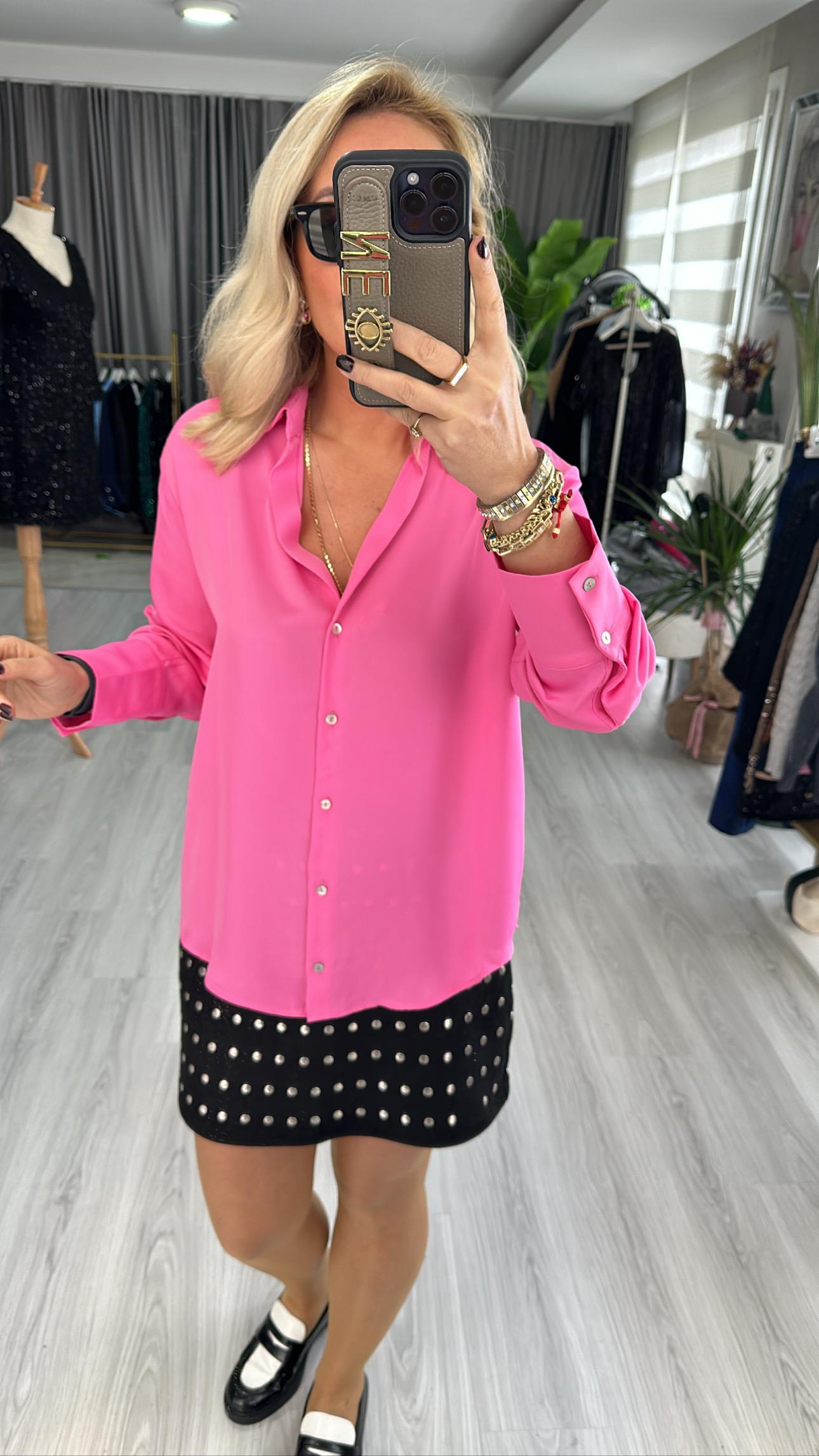 SEDEF DÜĞMELİ PEMBE SATEN GÖMLEK