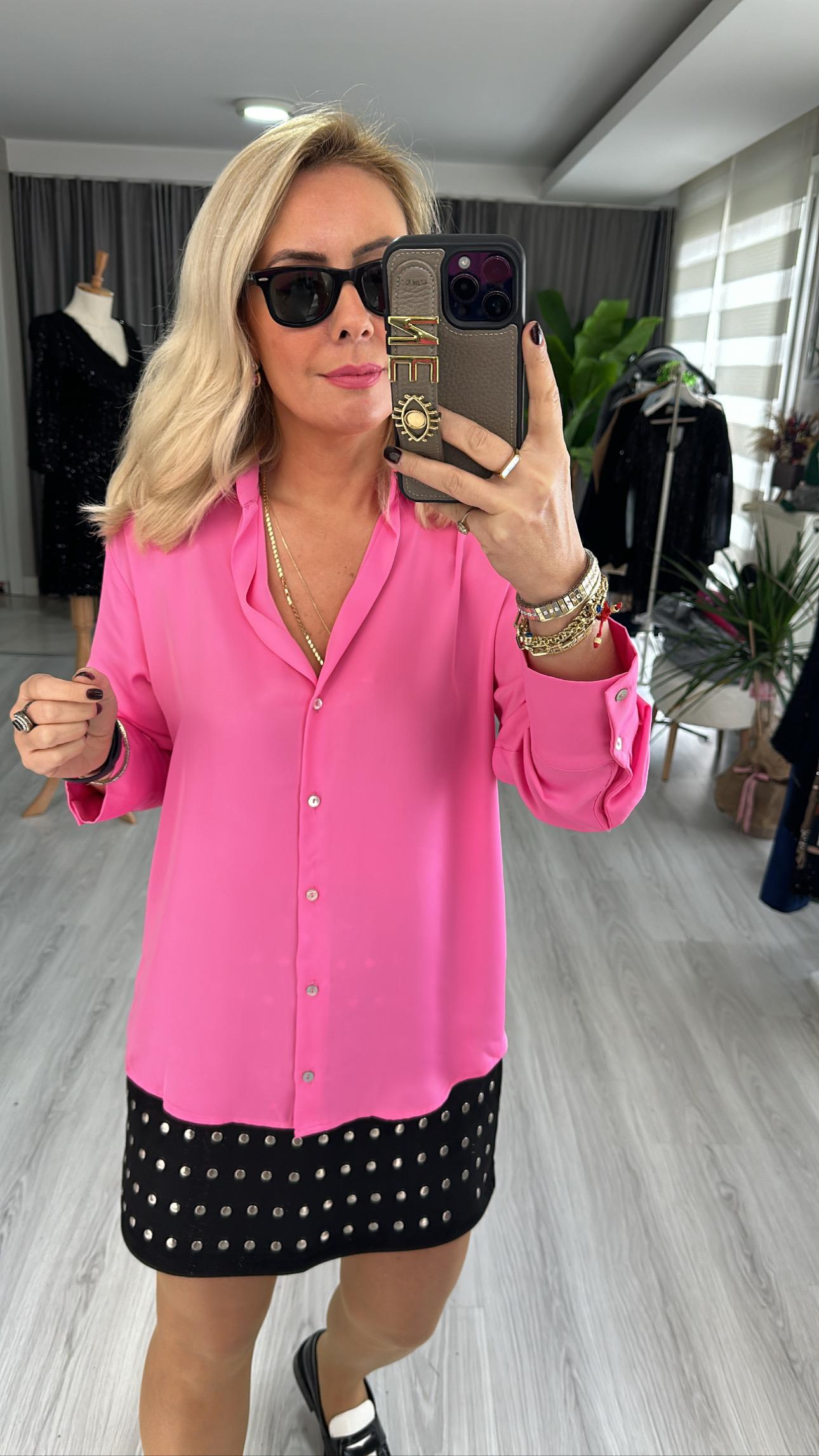 SEDEF DÜĞMELİ PEMBE SATEN GÖMLEK