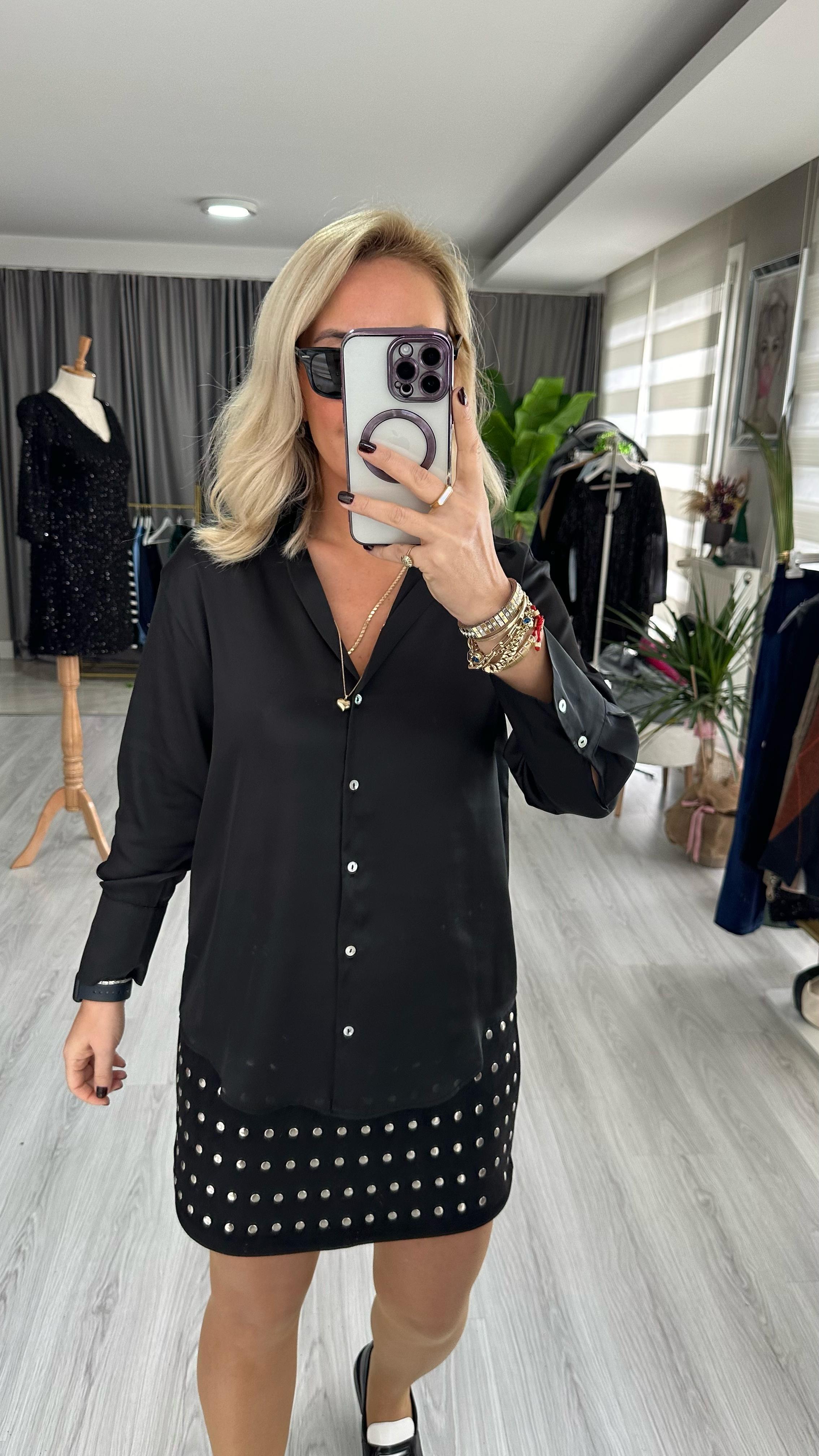 SEDEF DÜĞMELİ SİYAH SATEN GÖMLEK