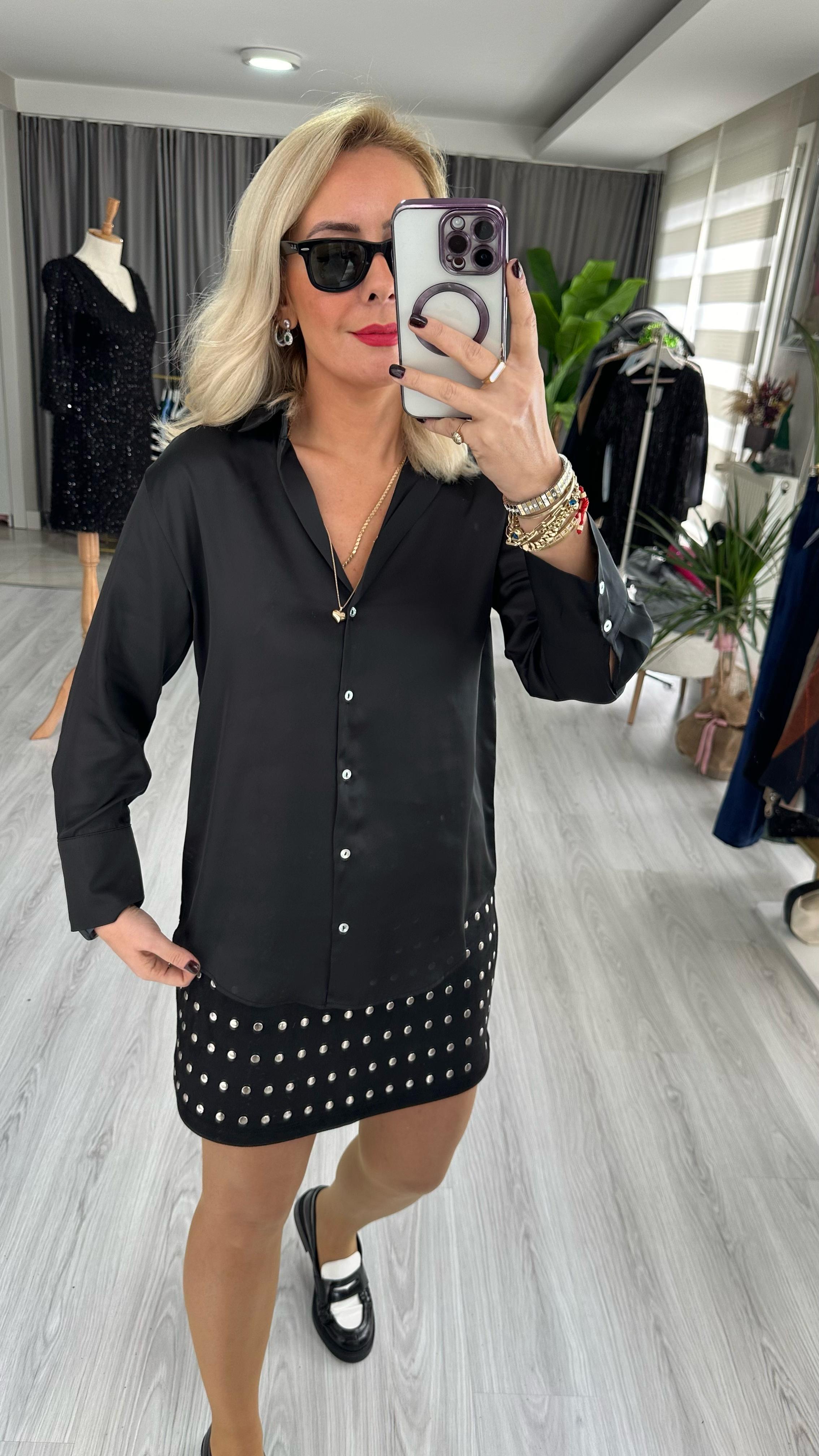 SEDEF DÜĞMELİ SİYAH SATEN GÖMLEK