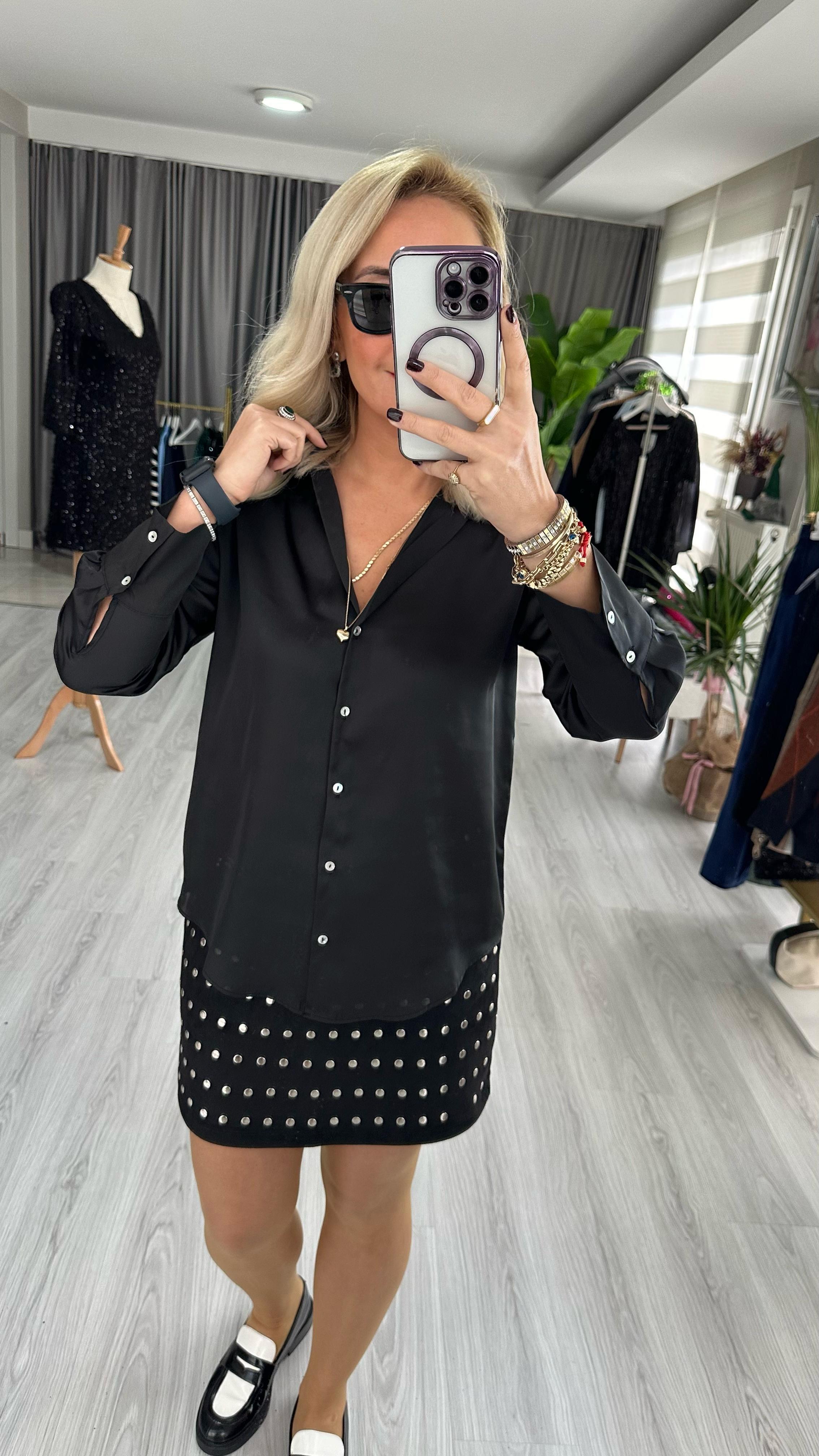 SEDEF DÜĞMELİ SİYAH SATEN GÖMLEK