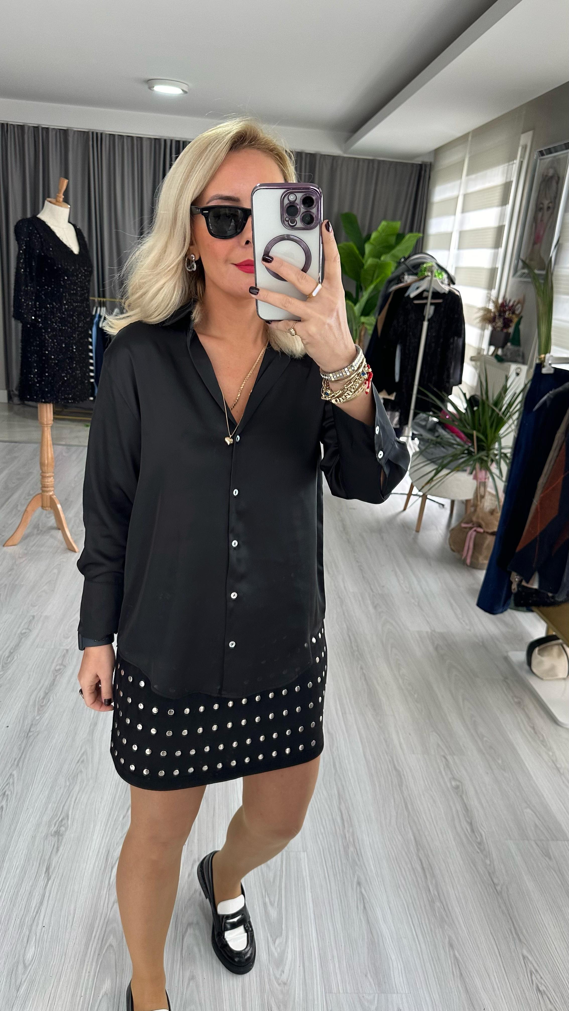 SEDEF DÜĞMELİ SİYAH SATEN GÖMLEK