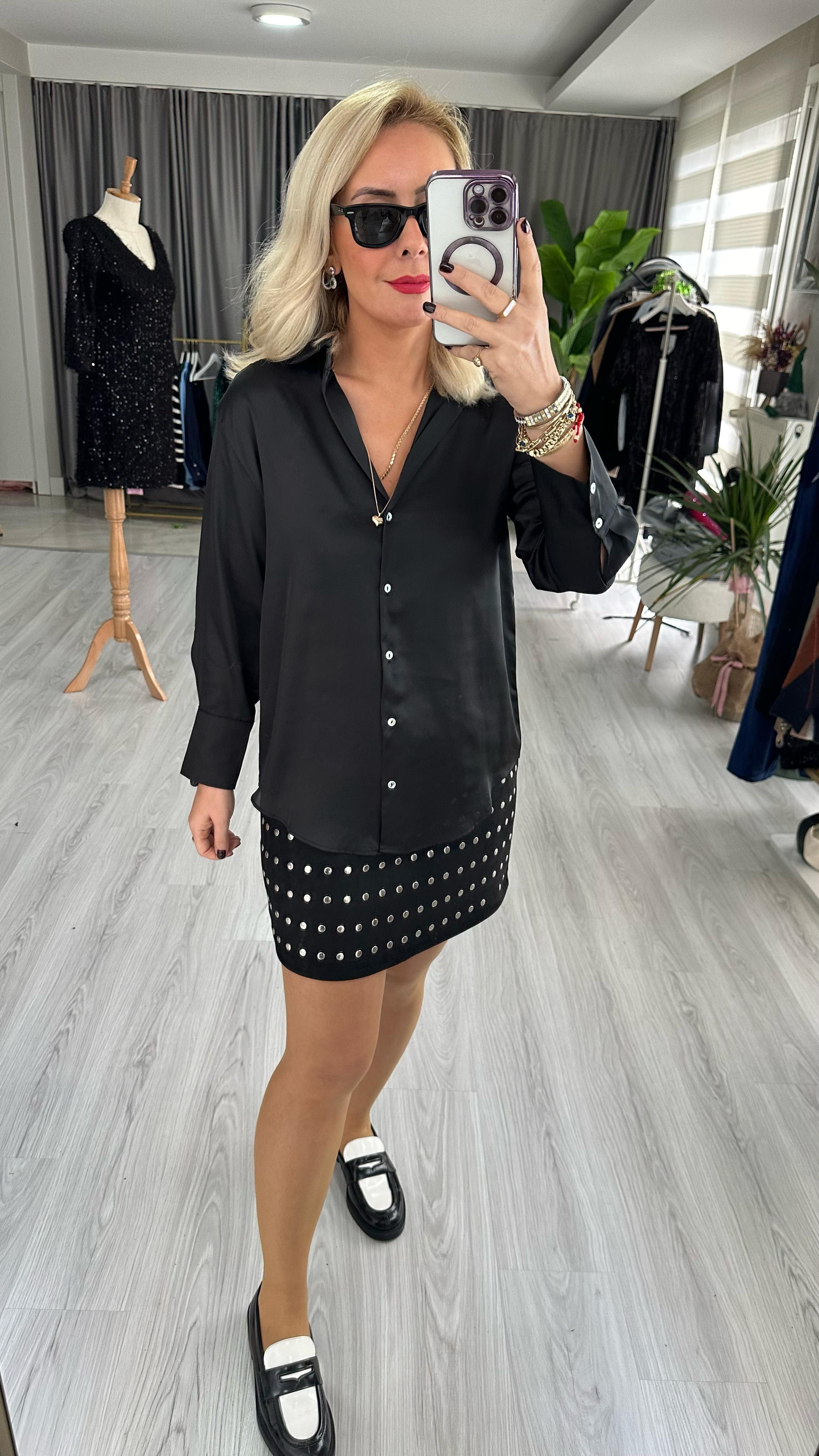 SEDEF DÜĞMELİ SİYAH SATEN GÖMLEK