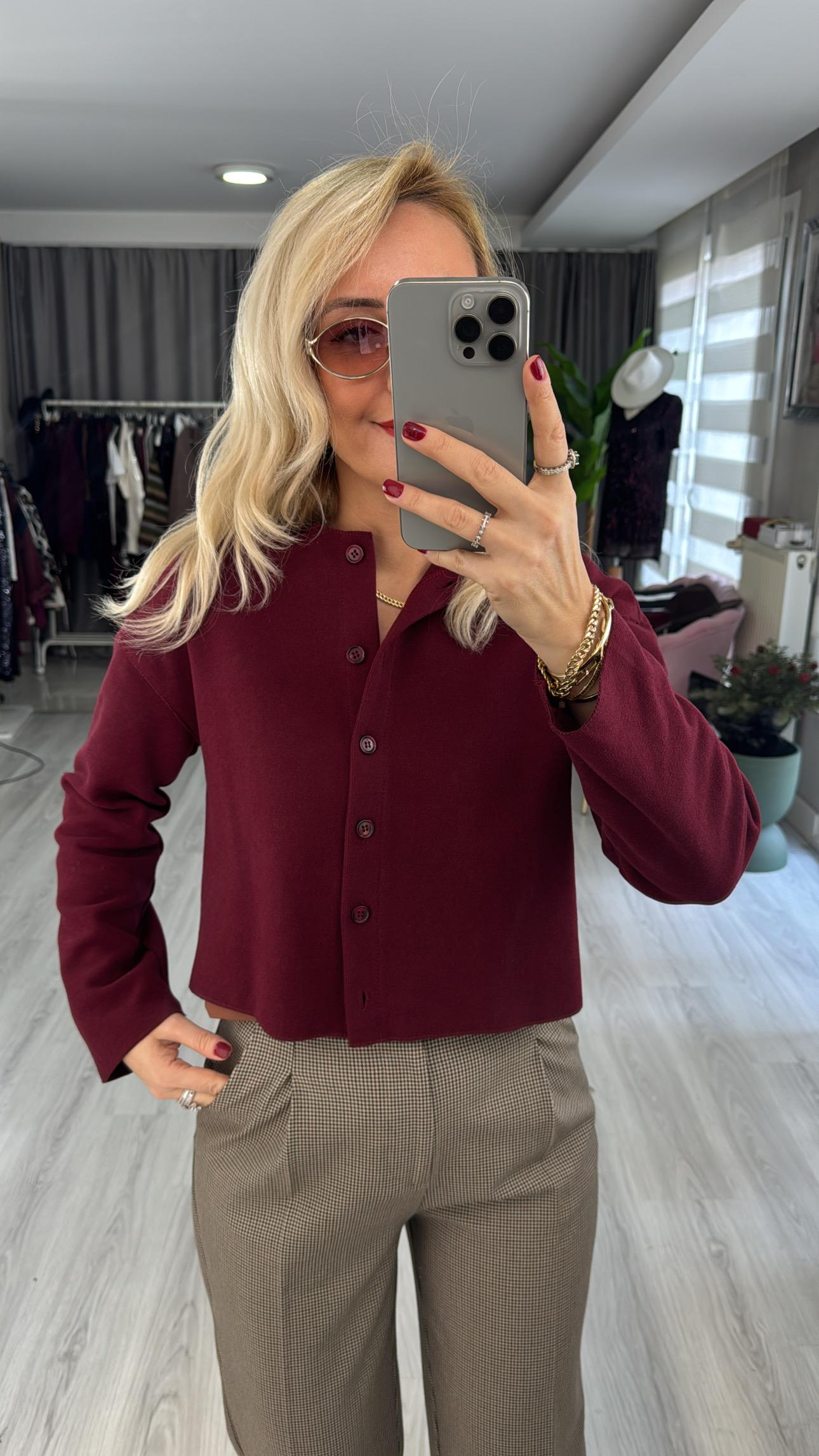 Önden Düğmeli Basic Bordo Triko Hırka