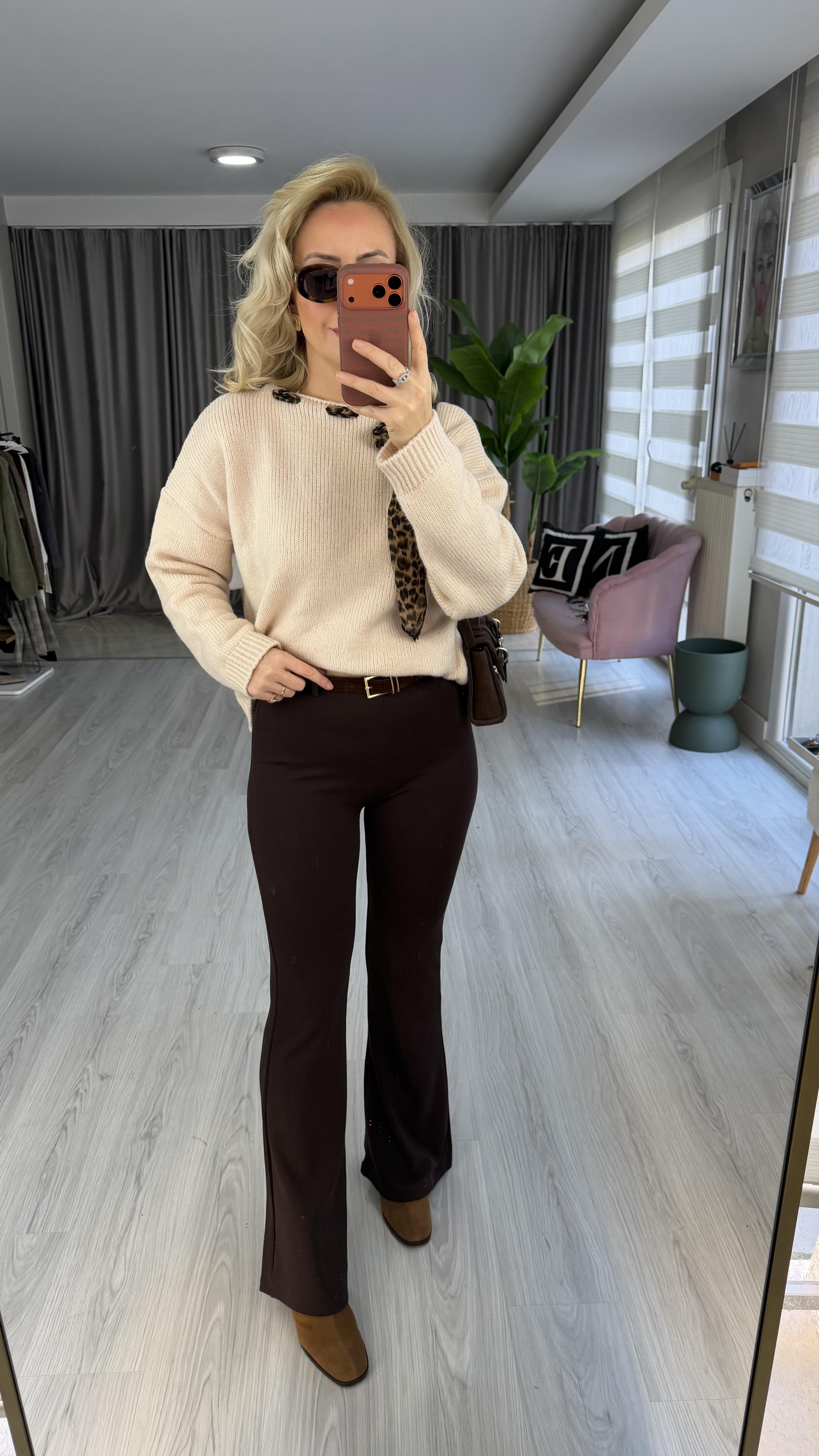 Süet Kemerli Beli Lastikli Çelik Örme Acı Kahve Tayt Pantolon