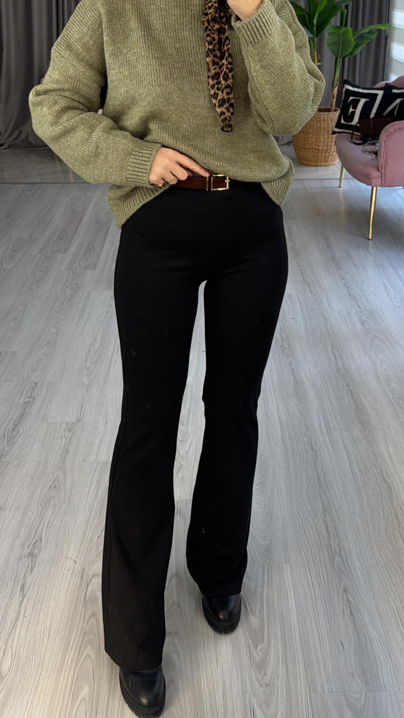 Süet Kemerli Beli Lastikli Çelik Örme Siyah Tayt Pantolon