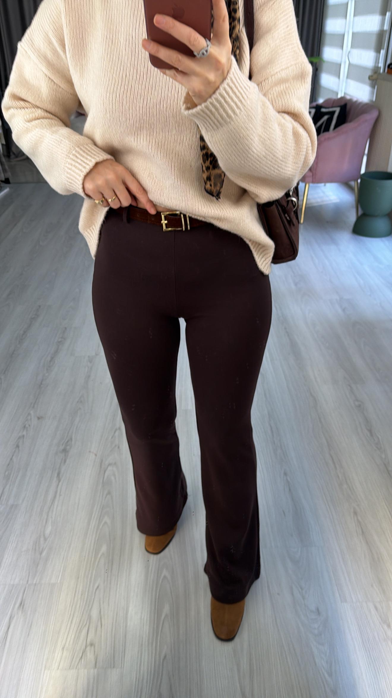 Süet Kemerli Beli Lastikli Çelik Örme Acı Kahve Tayt Pantolon