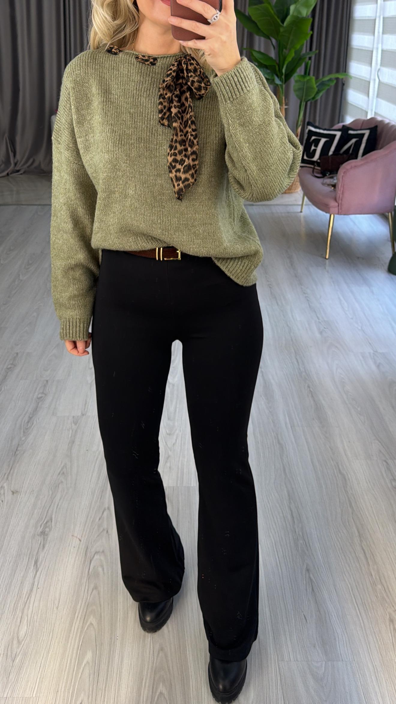 Süet Kemerli Beli Lastikli Çelik Örme Siyah Tayt Pantolon