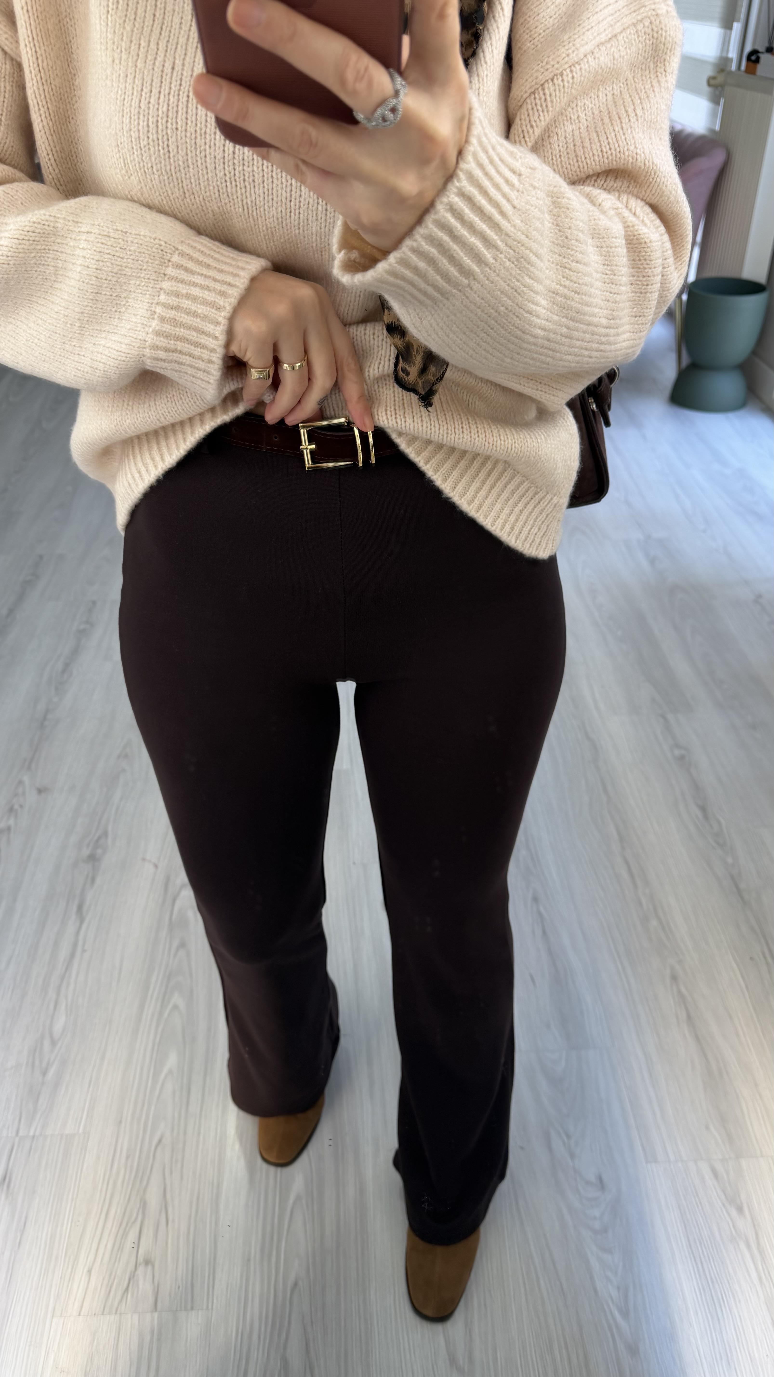 Süet Kemerli Beli Lastikli Çelik Örme Acı Kahve Tayt Pantolon