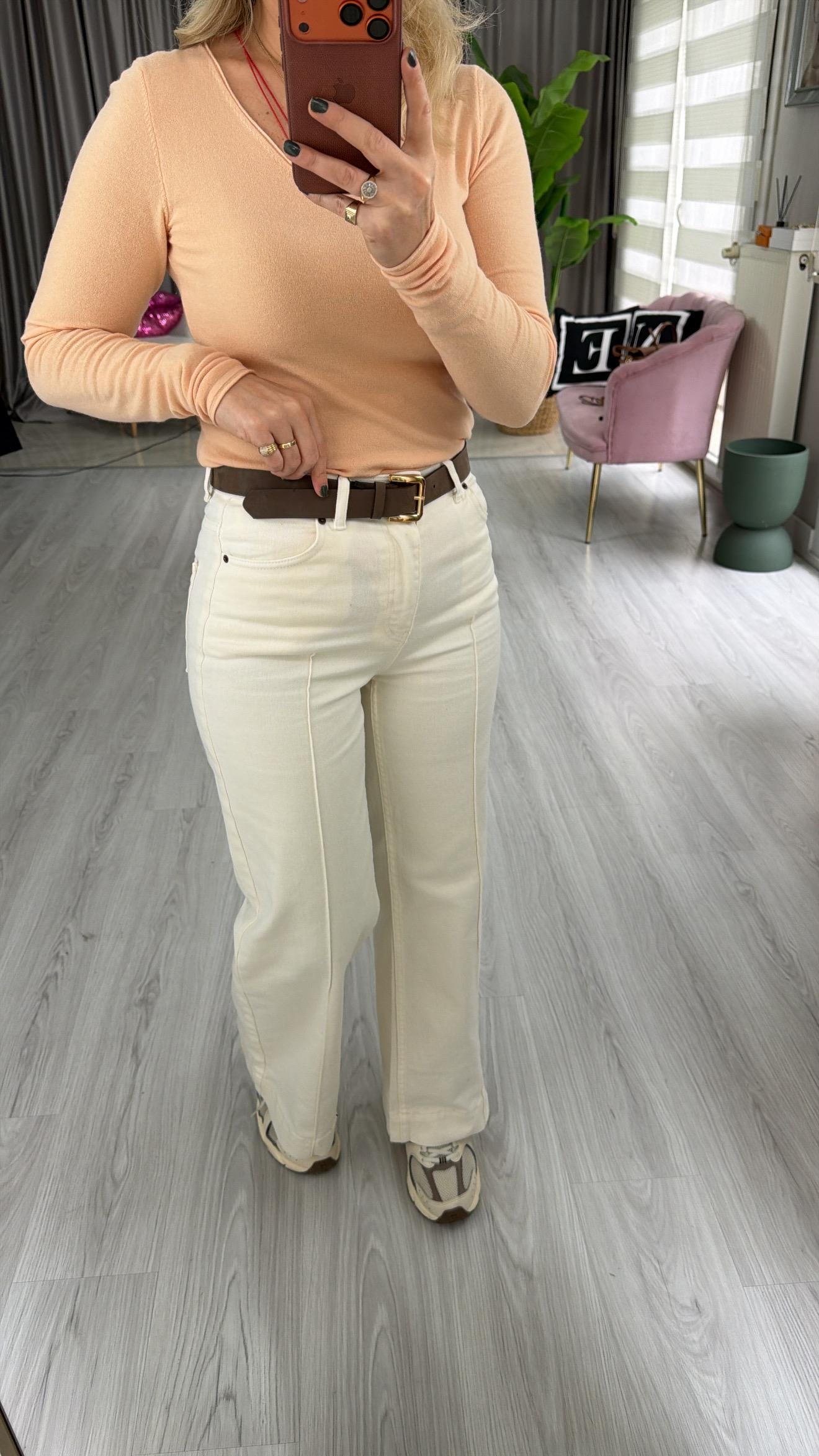 Kemerli Çımalı Ekru Jean Pantolon