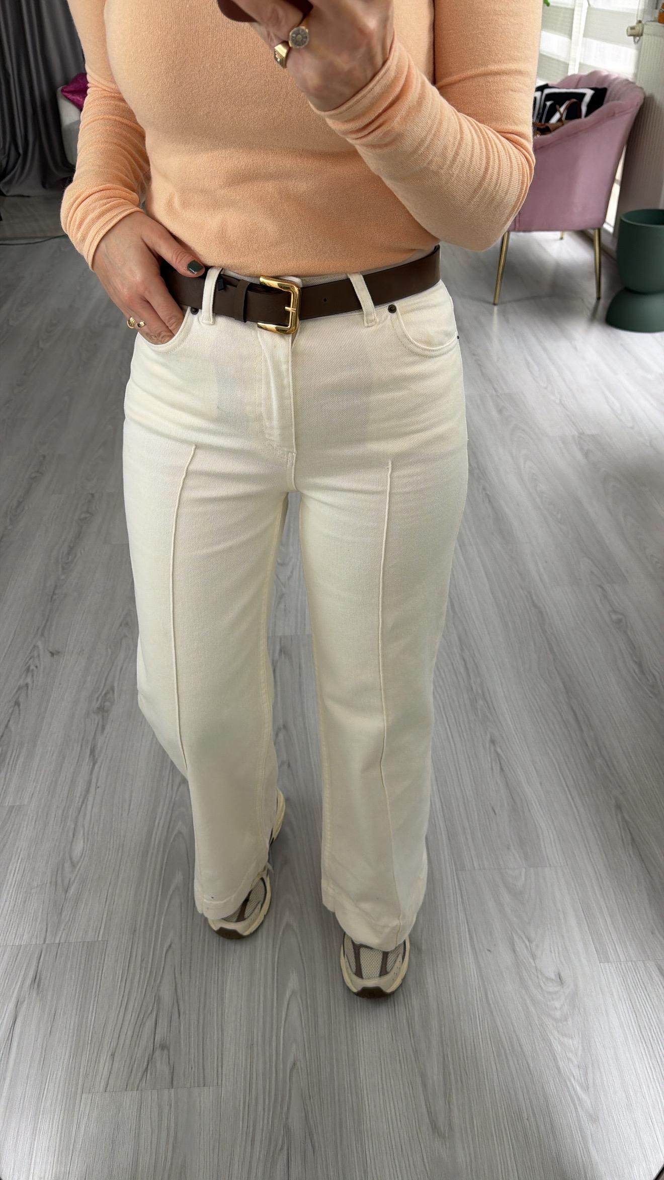 Kemerli Çımalı Ekru Jean Pantolon