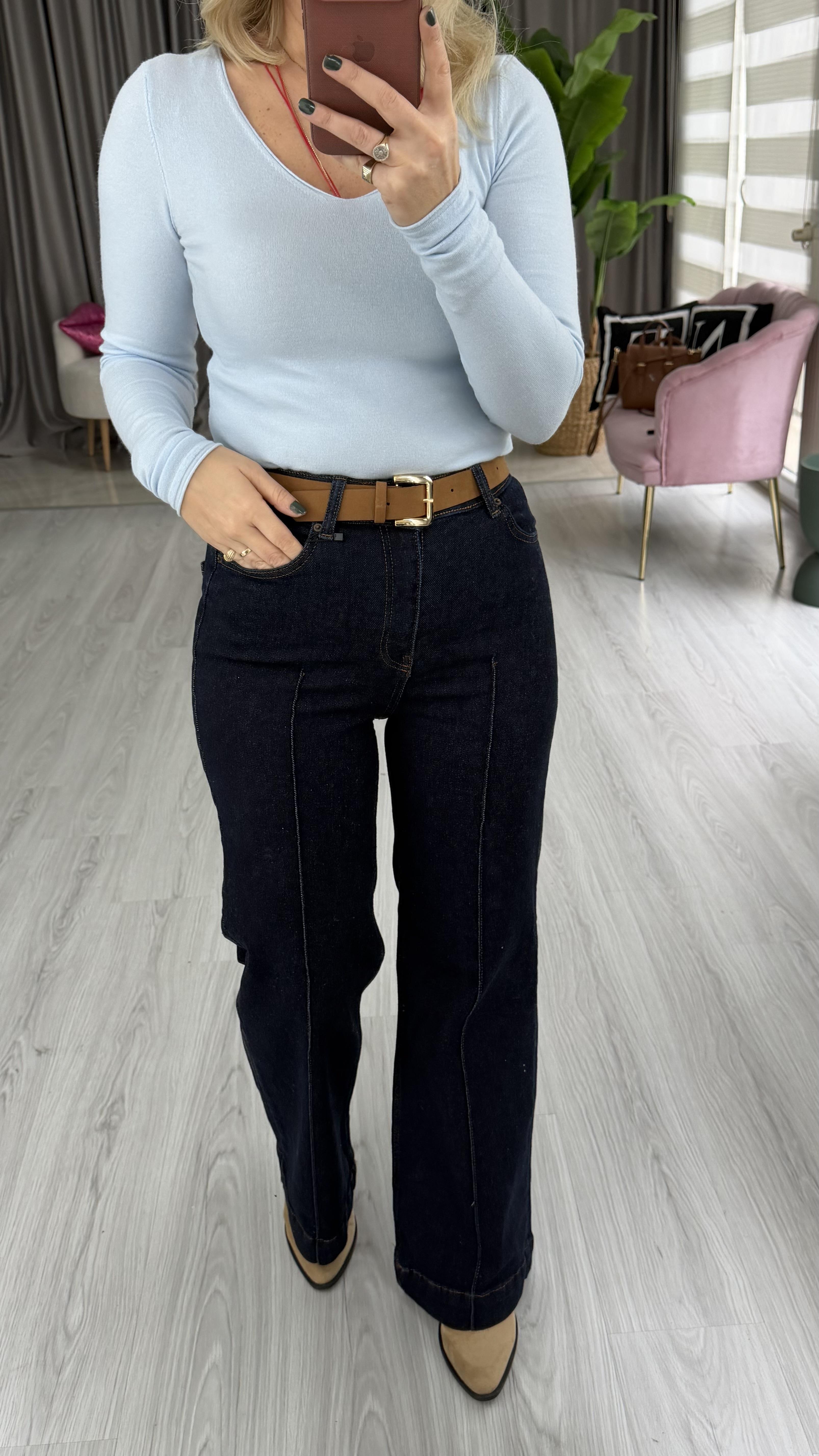 Kemerli Çımalı Lacivert Jean Pantolon