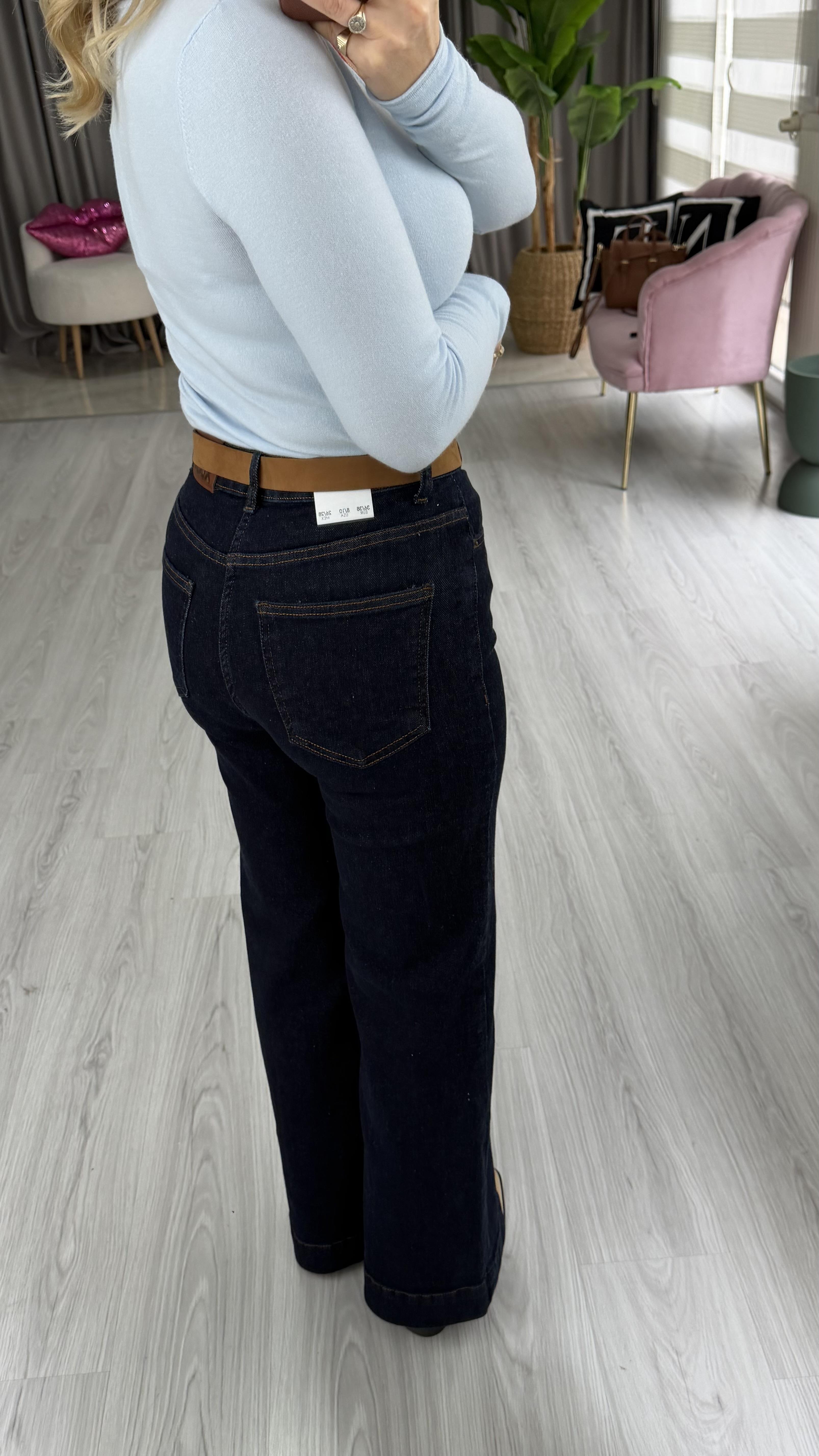 Kemerli Çımalı Lacivert Jean Pantolon