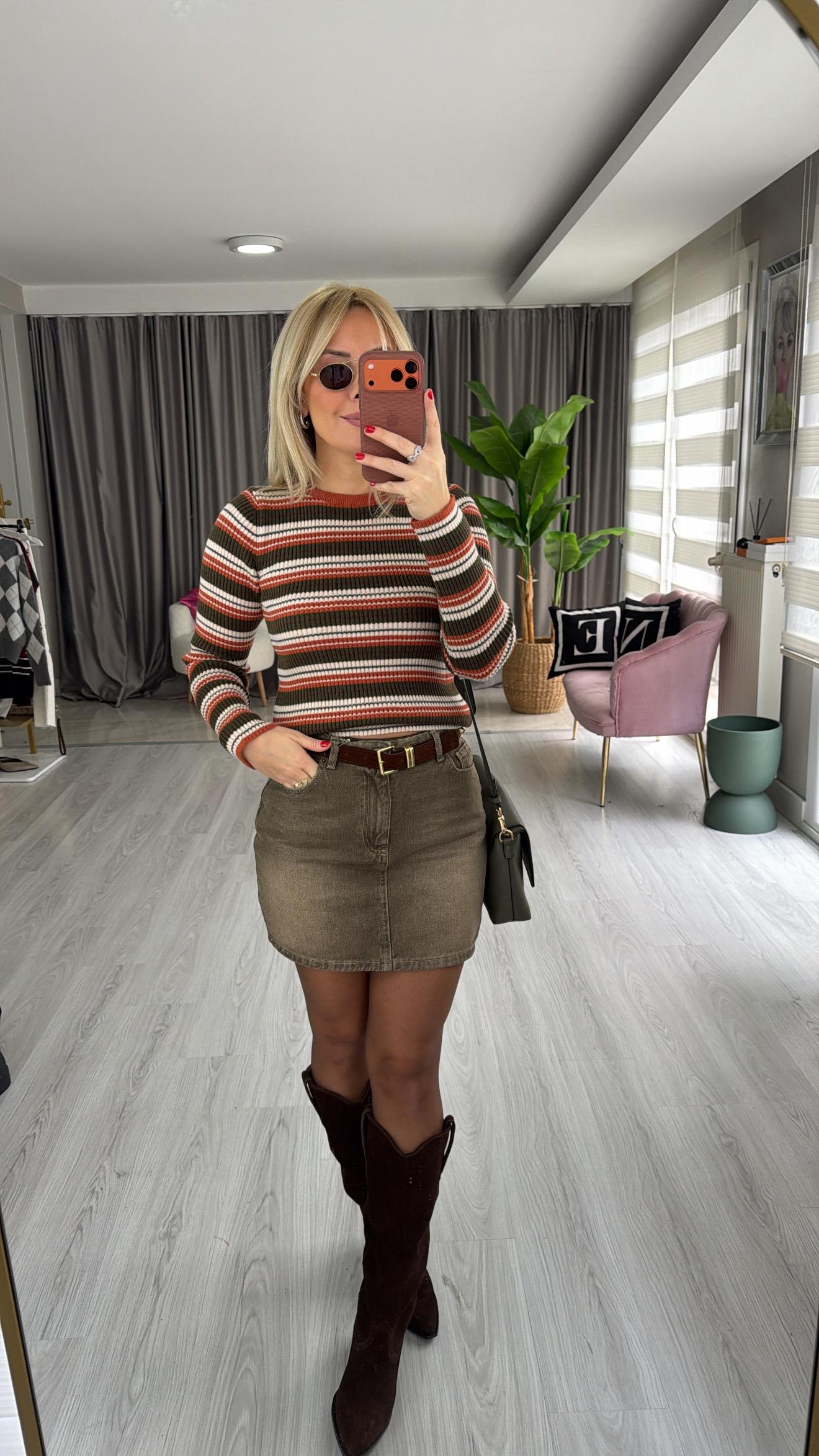 Süet Kemerli Haki Denim Etek