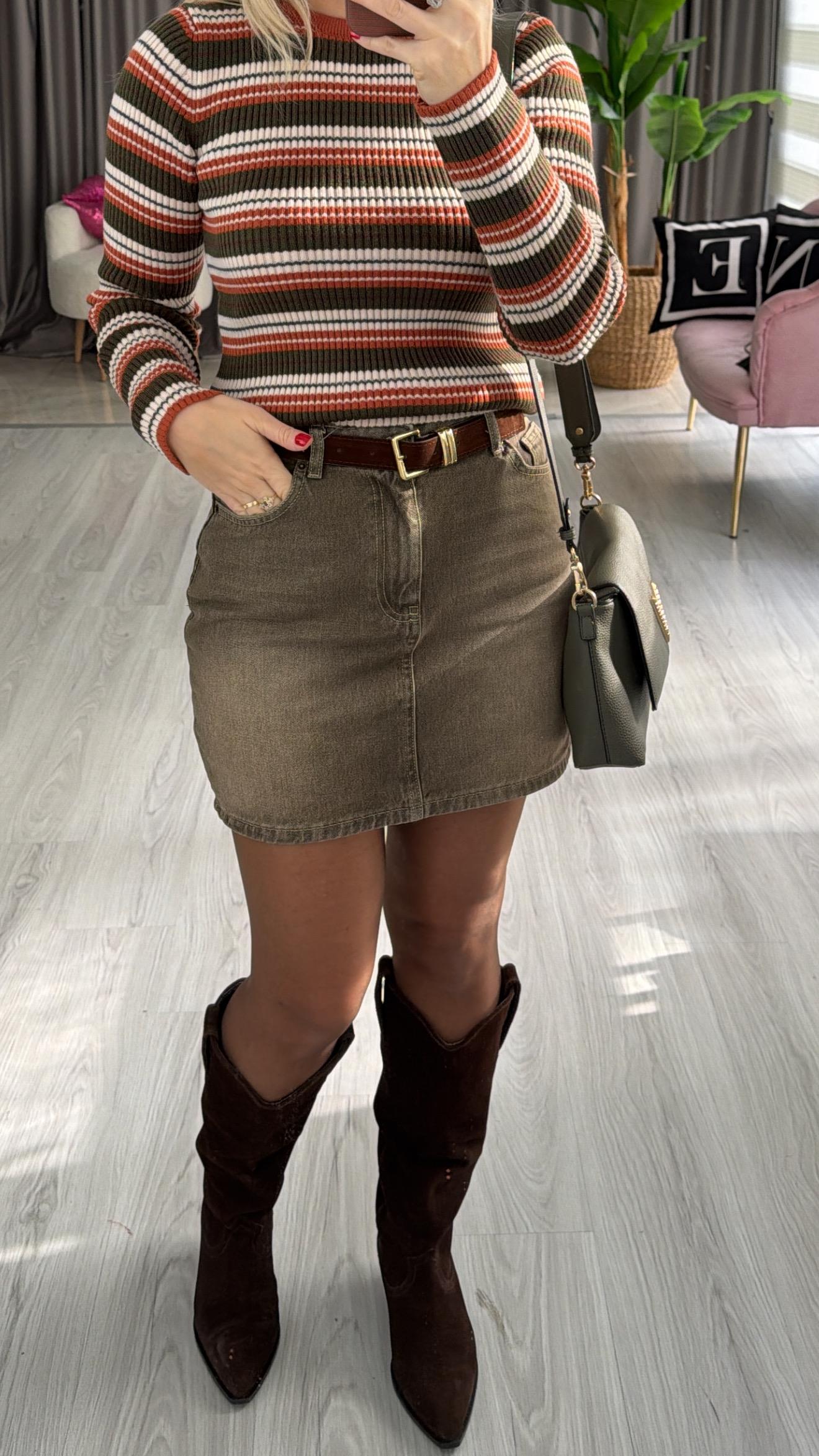 Süet Kemerli Haki Denim Etek