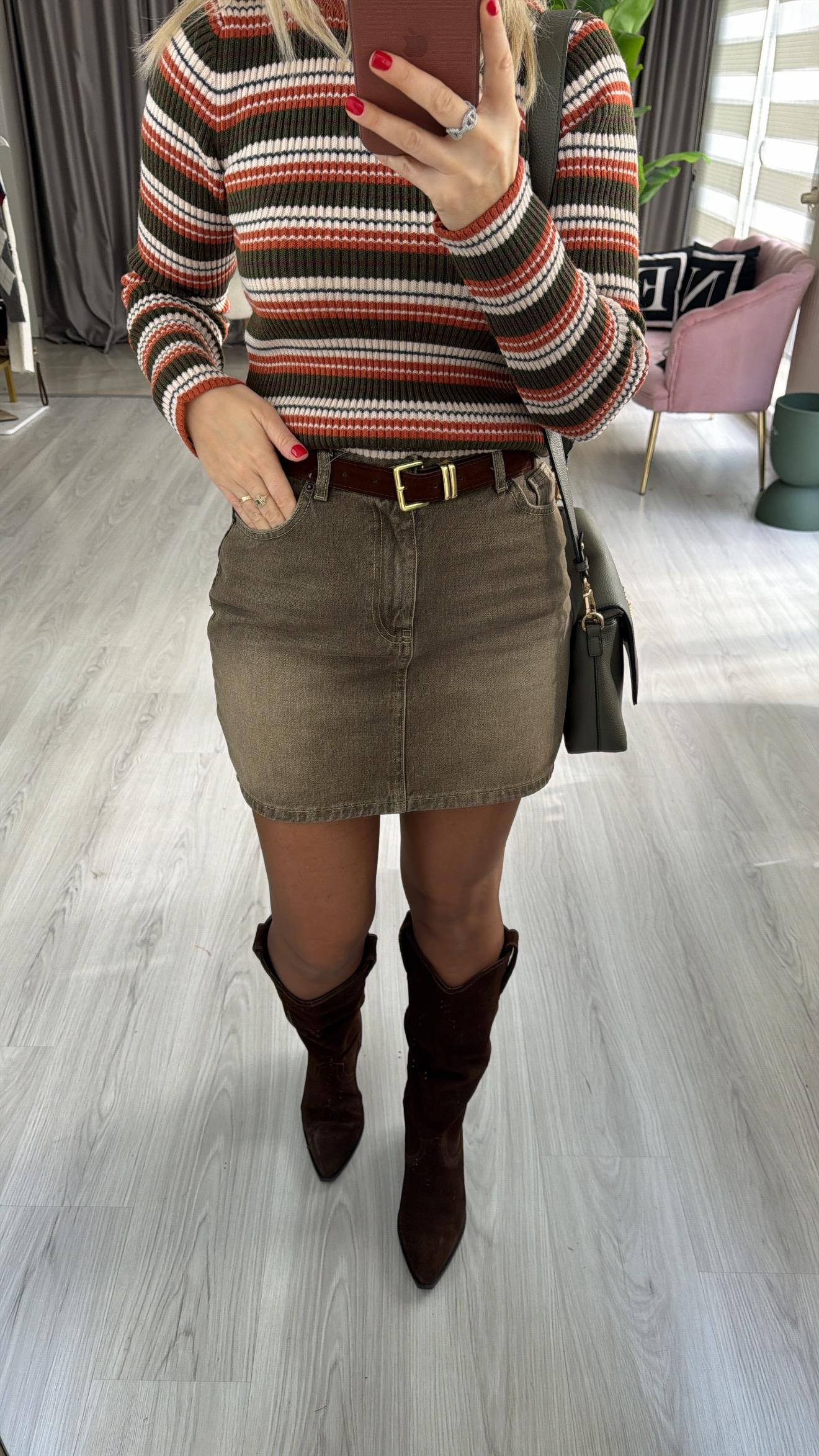 Süet Kemerli Haki Denim Etek