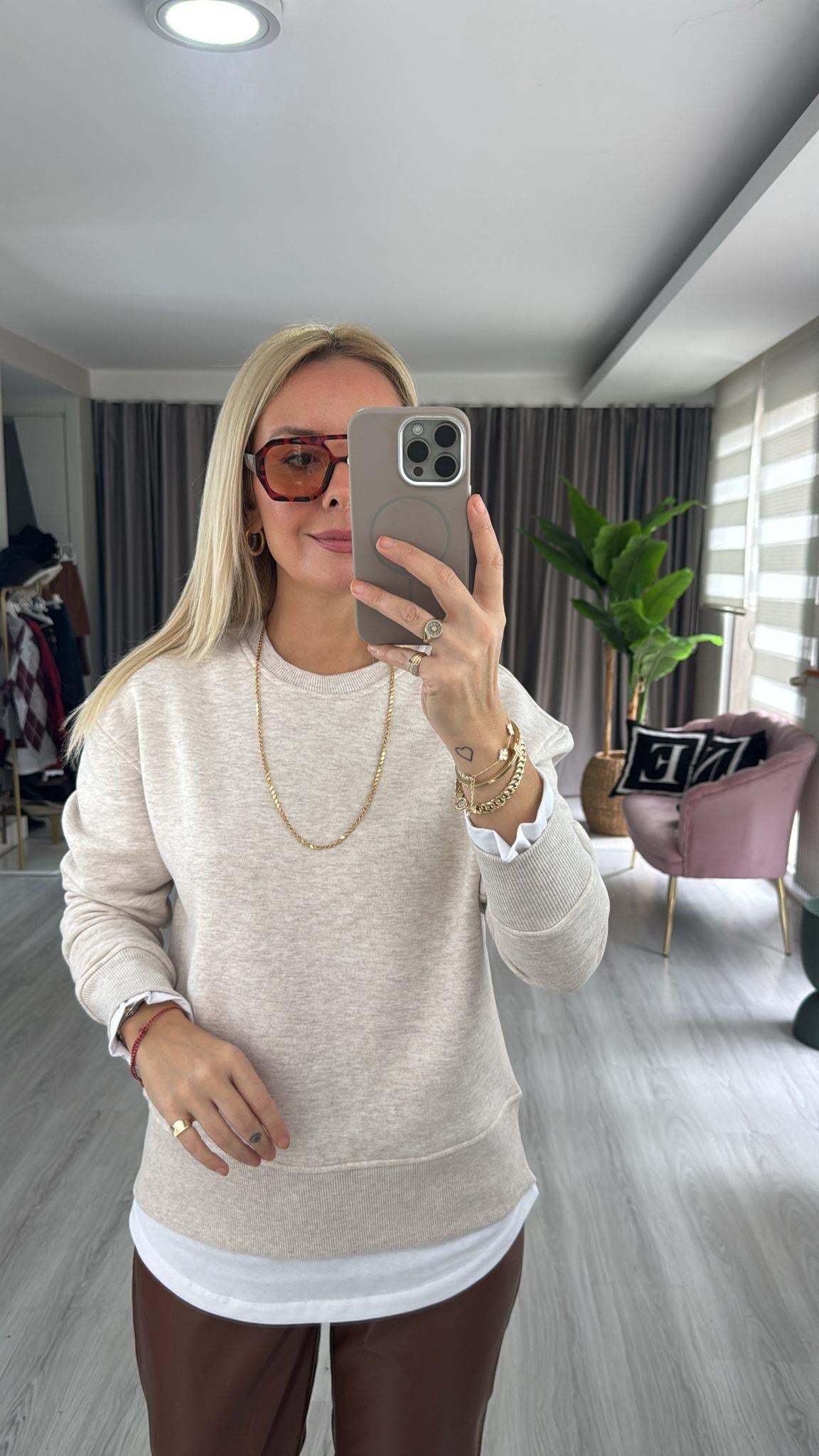 T-shirt Detaylı İçi Şardonlu Bej Sweatshirt