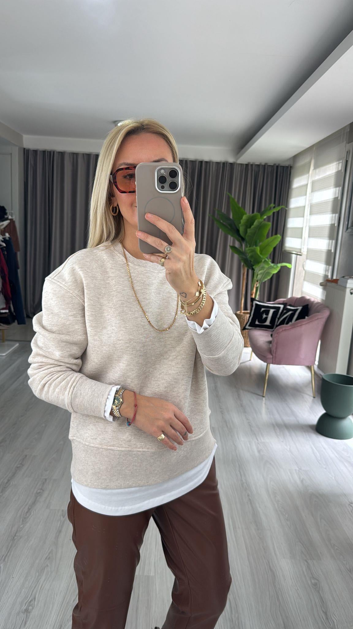 T-shirt Detaylı İçi Şardonlu Bej Sweatshirt