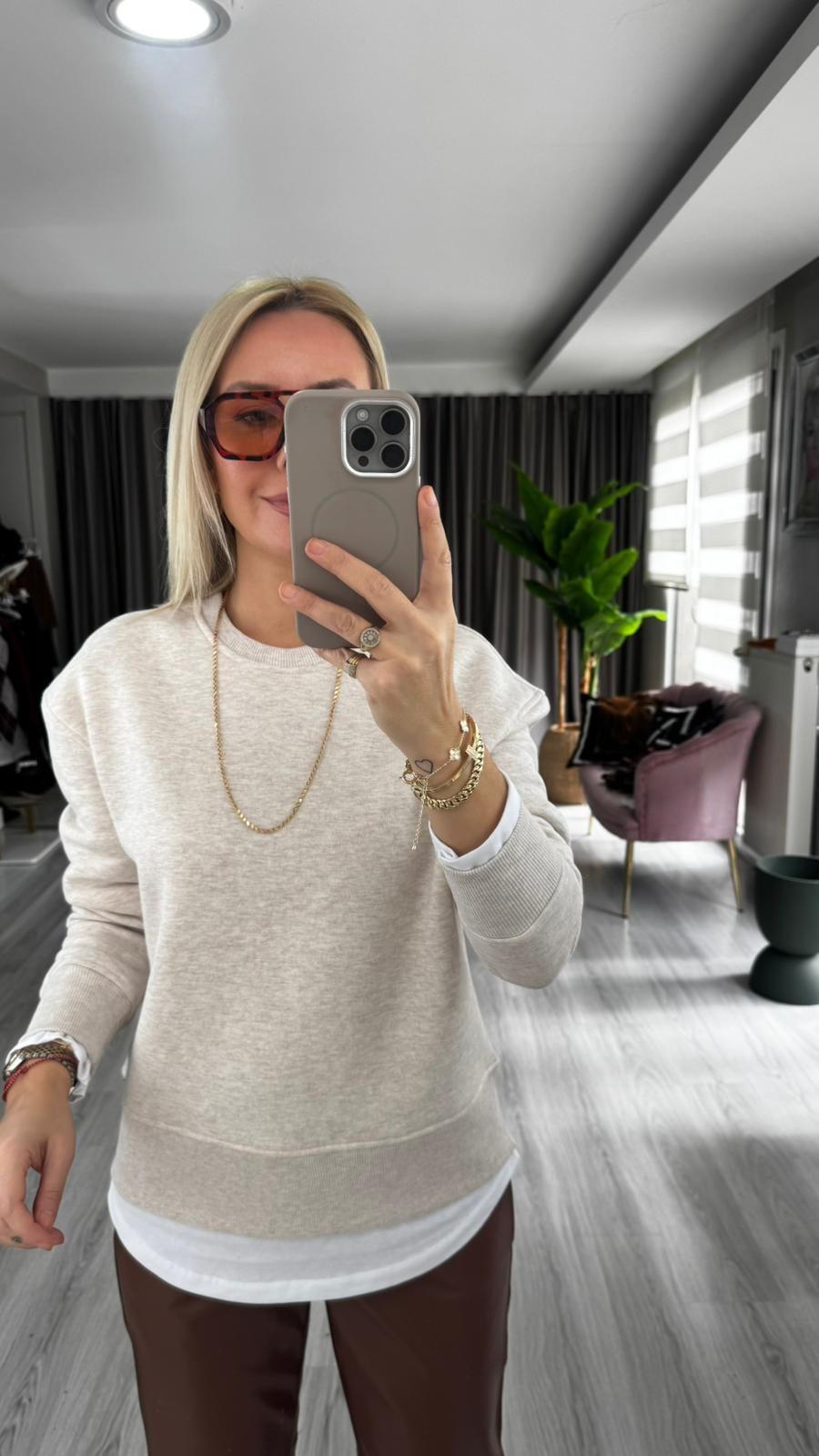T-shirt Detaylı İçi Şardonlu Bej Sweatshirt