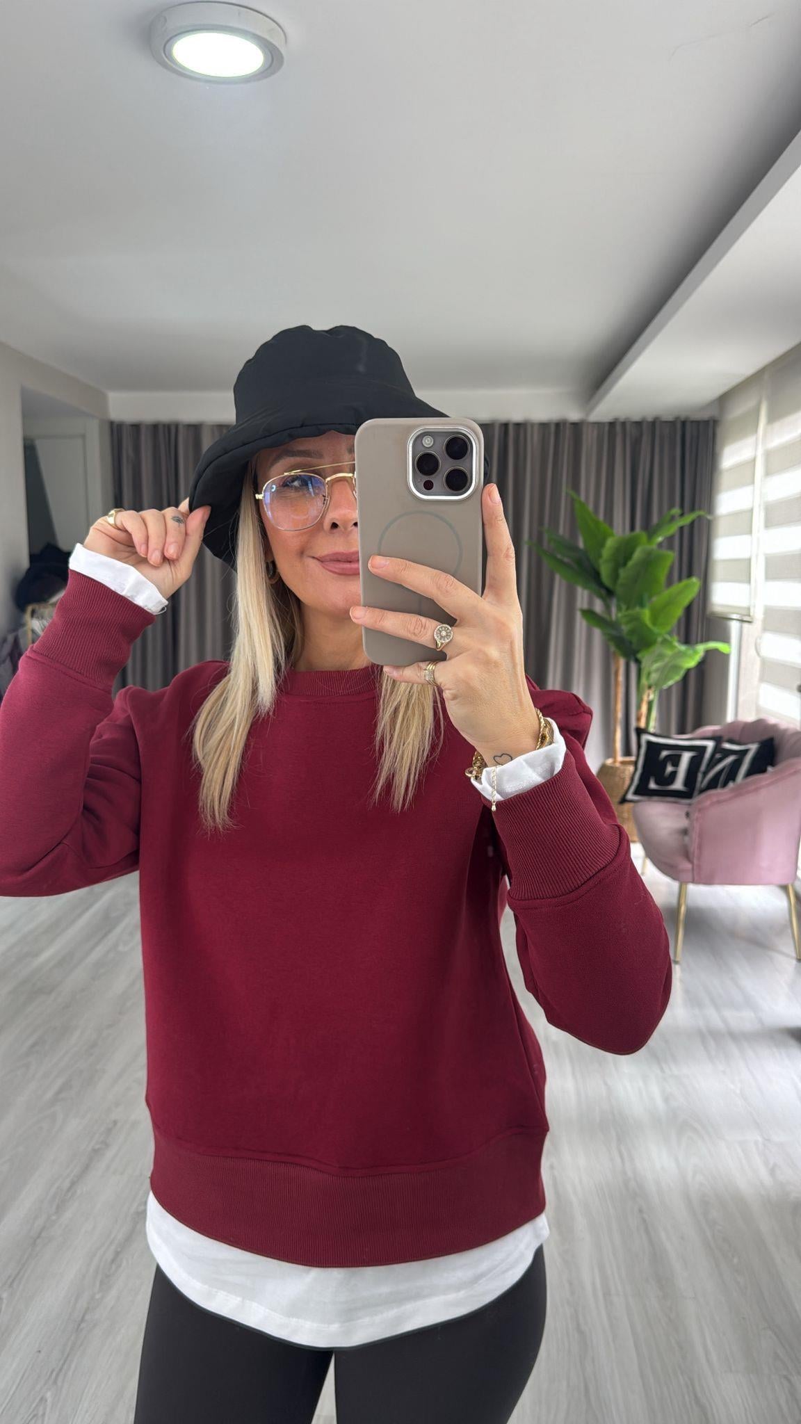 T-shirt Detaylı İçi Şardonlu Bordo Sweatshirt
