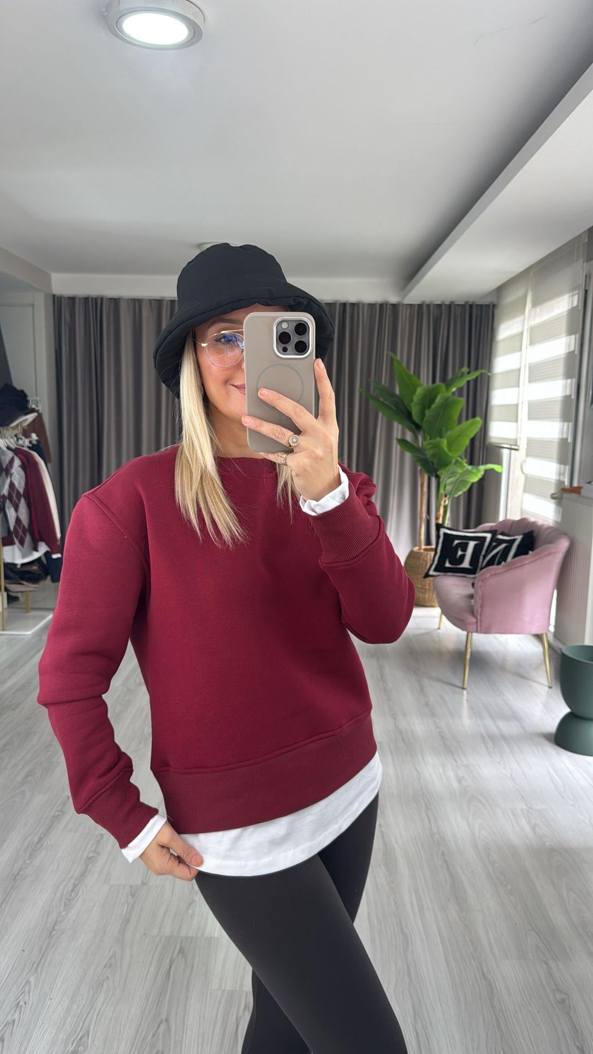 T-shirt Detaylı İçi Şardonlu Bordo Sweatshirt