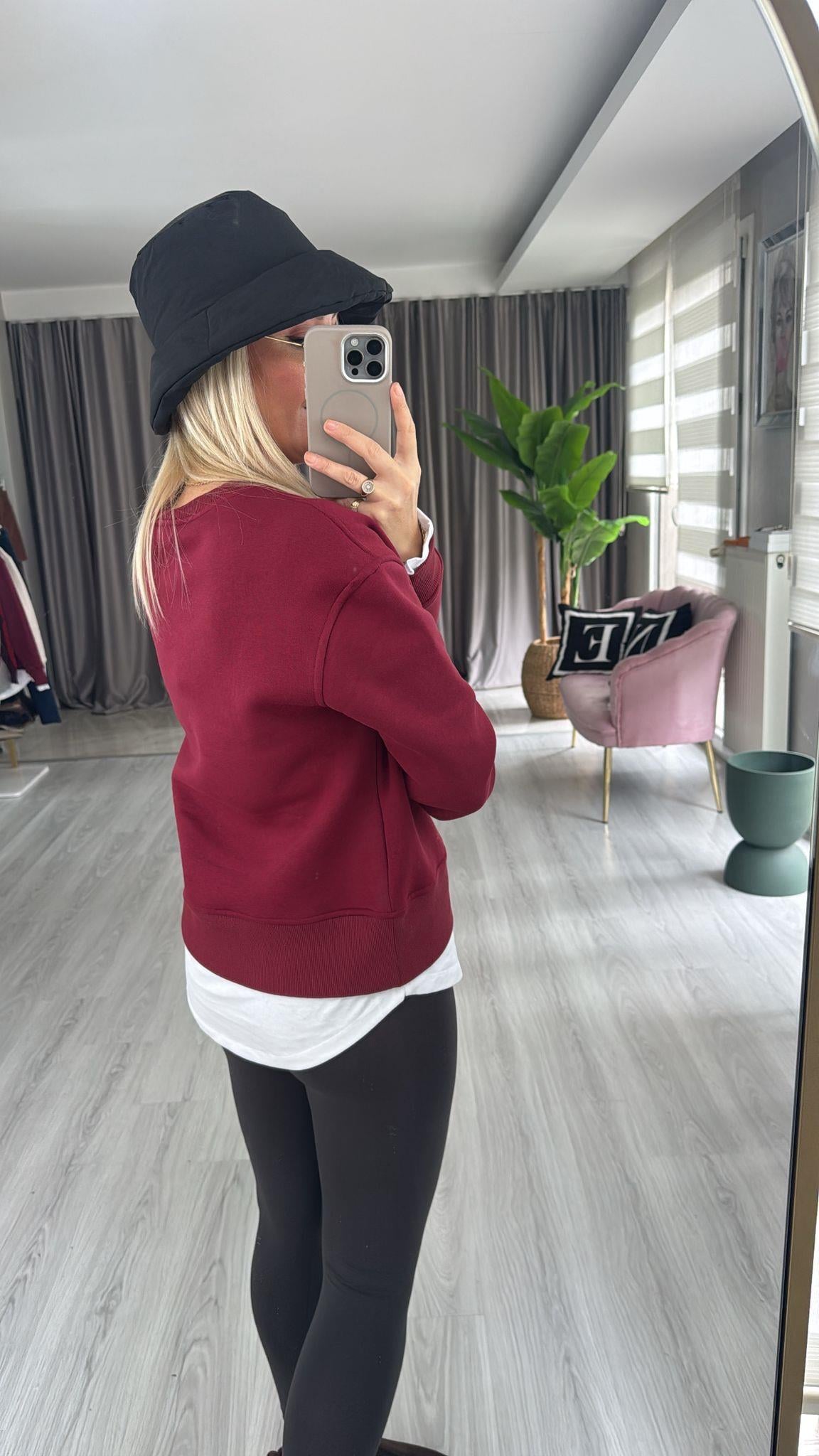 T-shirt Detaylı İçi Şardonlu Bordo Sweatshirt