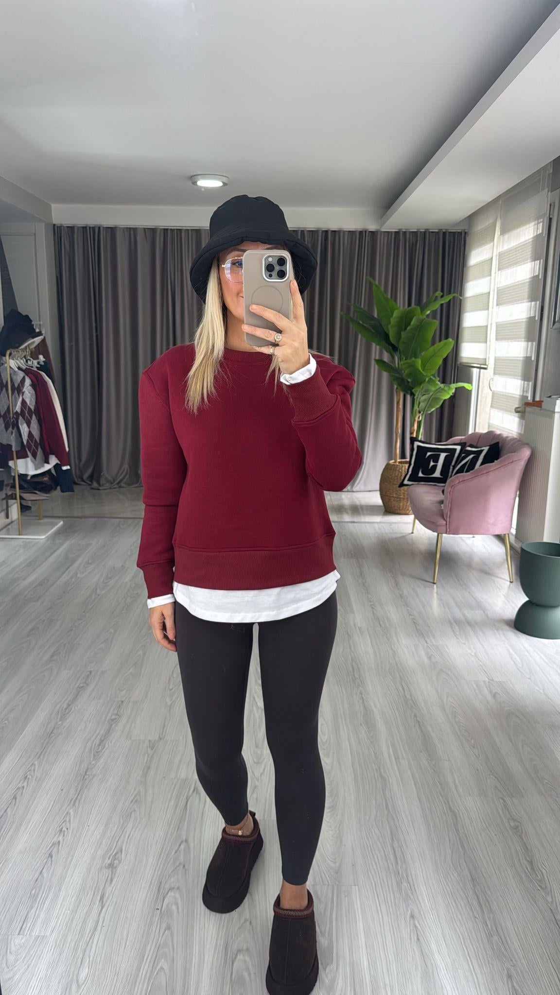 T-shirt Detaylı İçi Şardonlu Bordo Sweatshirt