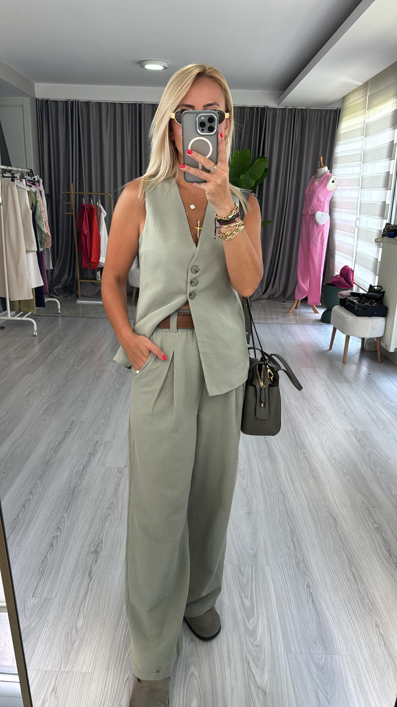 TABA KEMERLİ BELİ LASTİKLİ HAKİ PALAZZO PANTOLON