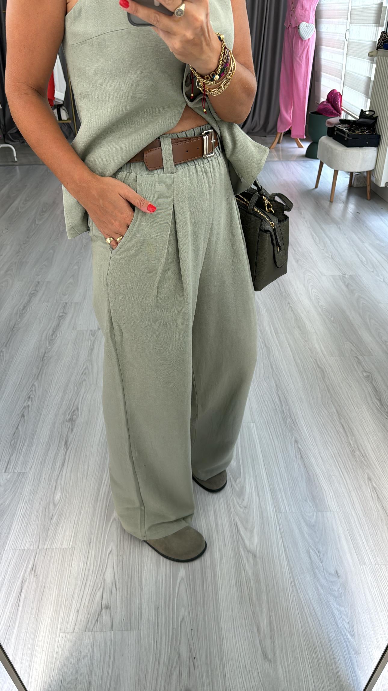 TABA KEMERLİ BELİ LASTİKLİ HAKİ PALAZZO PANTOLON