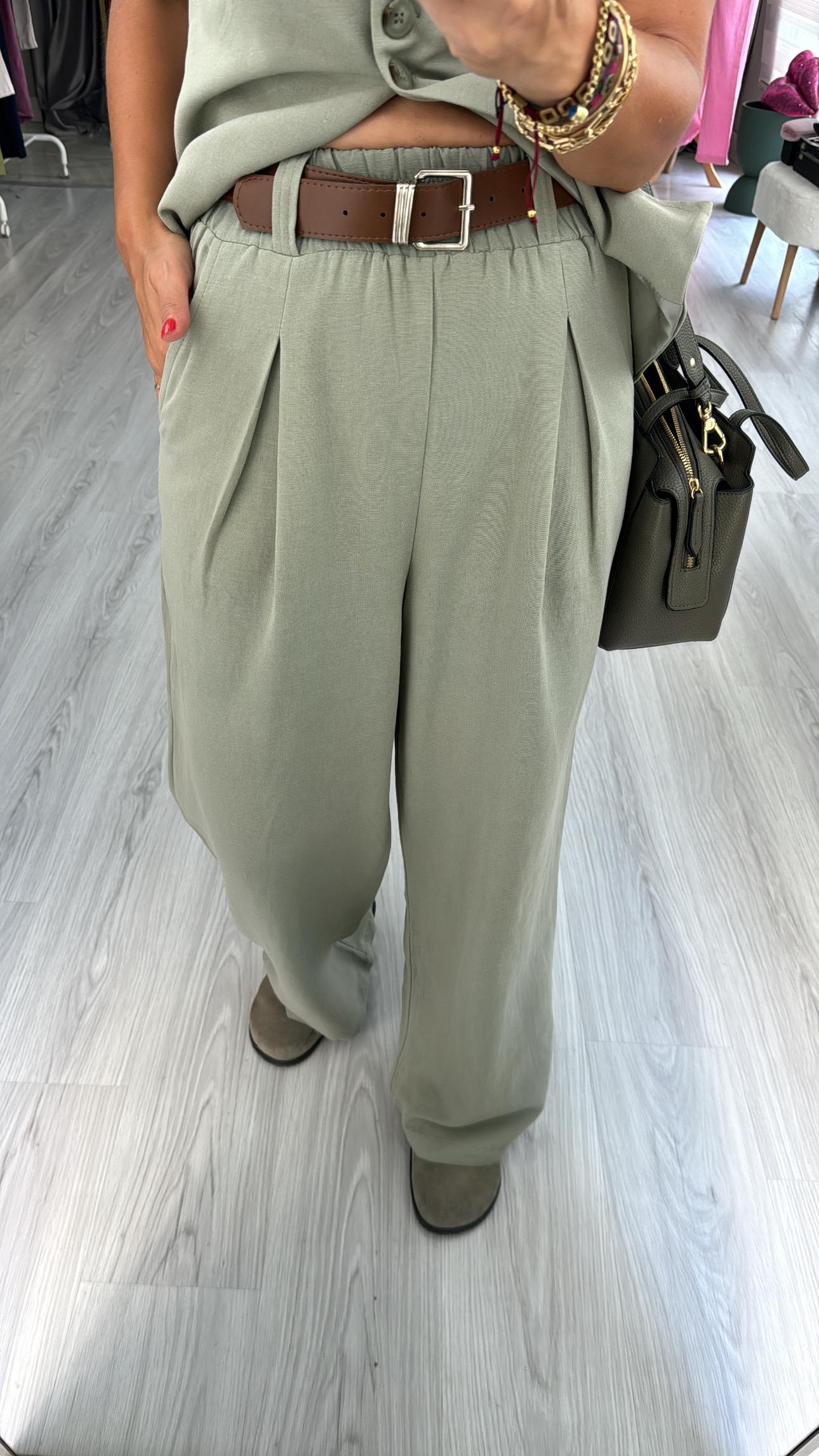 TABA KEMERLİ BELİ LASTİKLİ HAKİ PALAZZO PANTOLON