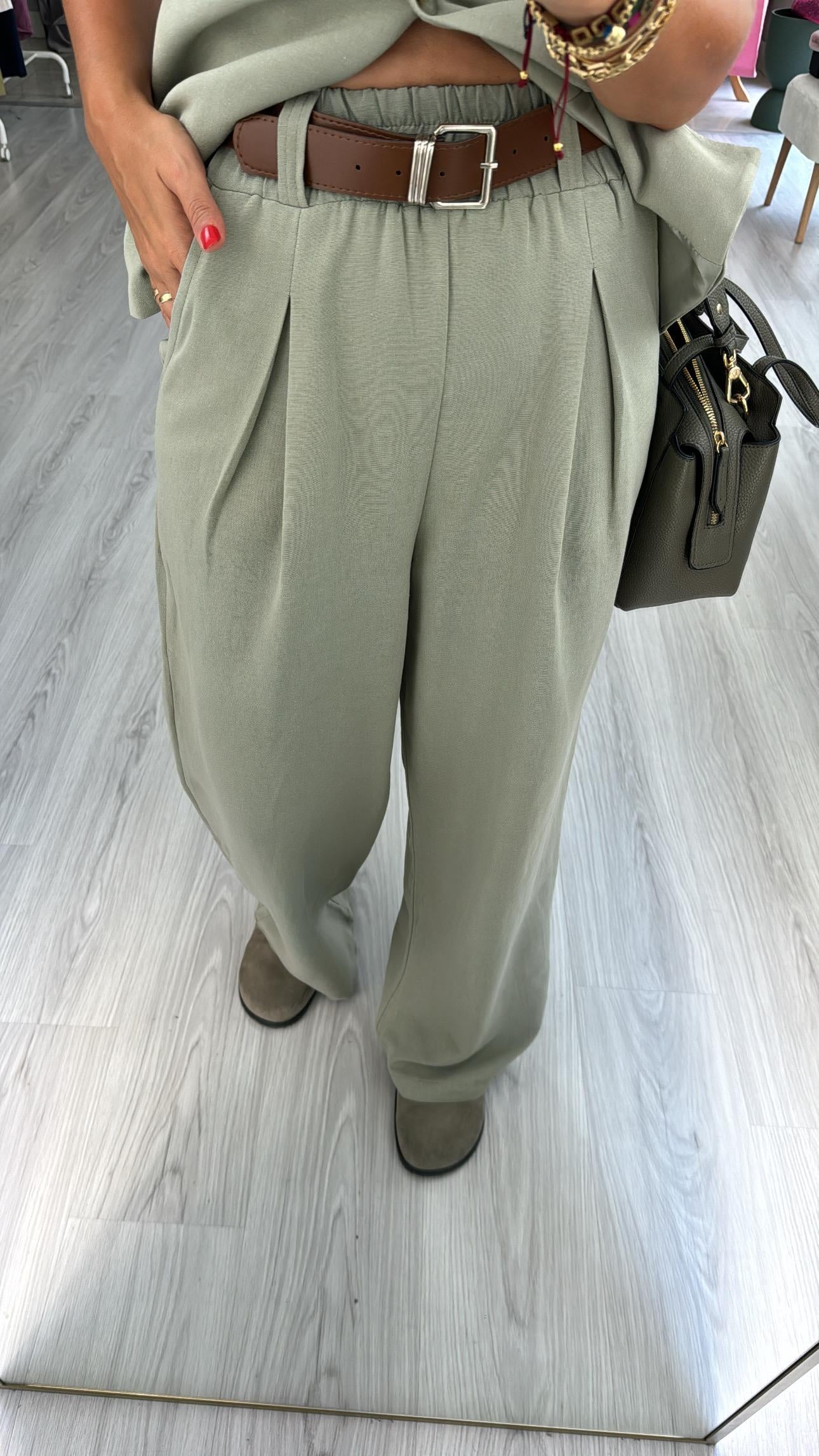 TABA KEMERLİ BELİ LASTİKLİ HAKİ PALAZZO PANTOLON